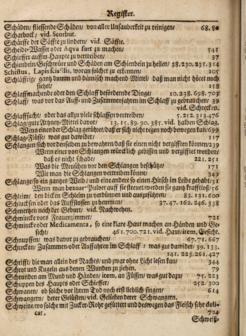 Xegtßer. ©cbäben/ fliejfenbe ©chäben/ oon aller UnfaubetEetf $u reinigen/ 68,8« ©charbOCf/ vid.Scorbut. ©d)dtjfc Der ©äffte ju Imbern/ vid. ©äffte. 0chetbe«2BajfetoDer Aqva fort ju machen/ 5-4? ©Aieffev auffm Raupte ju vertreiben/ 37 0d)tenbein/@efchmüce unb ©chäbcn am ©ebienbein ju Heilert/ 38.230.23 7. 314 Schißus, Lapis fdsrilis, woran folcber ju erfennen/ 107 ©cf)läjfcifl/ ganhbumm tinbbämifcb macbenb SDiittef/ bajj man nicht bötet noch fielet/ t 178 ©cblaffmaehenbe ober Den ©cblaff beförternbe SMnge/ 10.2 3 8.698.70 $ ©cblatf/ wag »er bas 2(t# unb Sufammenfabren im ©<$lajf ju gebrauchen/ 39 .. vid. ©chtecfen. ©cblafffudbt/ oberbnöaUjuvielefbbfnffenvertreiben/ 7.272.313.476 0chiag/gute2frbnep#3)?ittelDaoor/ 13.17.89-90.387. v>d. balben©cblag. gBenneinenbetScblaggerübtet/bafjer ftch ntebtregen noch bewegen fan/699 0d)la<p§i{tffe/ mag gut bawiber/ 117 ©cblangen/fichoorbenfelben jubemabten/baf? fte einen nicht oergijften !onnen/239 ^Ber.n einer oon schlangen mürcflieh gebijfenunb oergijftet worben/ baff eg nicht febabe/ , 221.271 <2ßa0 Die «S?enfd>en oor Den ©drangen befebuhe/ 171 (i23ie man Die ©drangen oertreiben fönne/ 349 ©chiange/fo ein gan§cö2ßeib/unb etneanberefo einen #itfcb tm Seibe gehabt/3 r ofßenn manbezoar^uloerauff fiejleeuet/werbenfteganbfrafft(of?/76 0chteim/ benbiefen©dbleimjuoerbtmnenunb augjufübren/ 83* 131.600 ©cblucffenober Dass 2lu|f(iojfen ju hemmen/ 37.47* 162.246.338 ©cbmer&ennachher ©eburt/ vid.‘Jfachweben. ©cbminefe oorg Stauenjtmmer/ 721 ©chminefeober Medicamenta, fo eine Hart -§>auf machen an$änben unb @e< ftdhf/ 461.700.721. vid. £)aut/item, ©eftebf. ©djnupffen/ wag baoor su gebrauchen/ 67.71.667 ©d)retfen/Sufammemober Auffahren im ©chiajf / wag gut bawiber/ 39.133. 141.223.261,427 ©dhrijft/bteman alleinbeg^adjtg/unbjwarohne Sicht lefenfan/ 344 0d)tot unb kugeln ans Denen SSßunben ju sieben. 79 ©chrunben am S3?unb unb ^änben/item, an Söffen/mag gut baju/ 77.223 ©ebuppen beö Raupte ober ©cbiejfer/ 272. 300 ©cbwanen/ ob folche oor ihrem $ob nodh erft lieblich fingen; 614 ©chmangern/ Derer ©duften/ vid. ©elüften Derer ©chmangem. 0d)weine/roo folche mit 3ucfer^ohr gefüttert unb begwegen Dag Sleifch feht ddi« cat, - 724 ©cbweifr