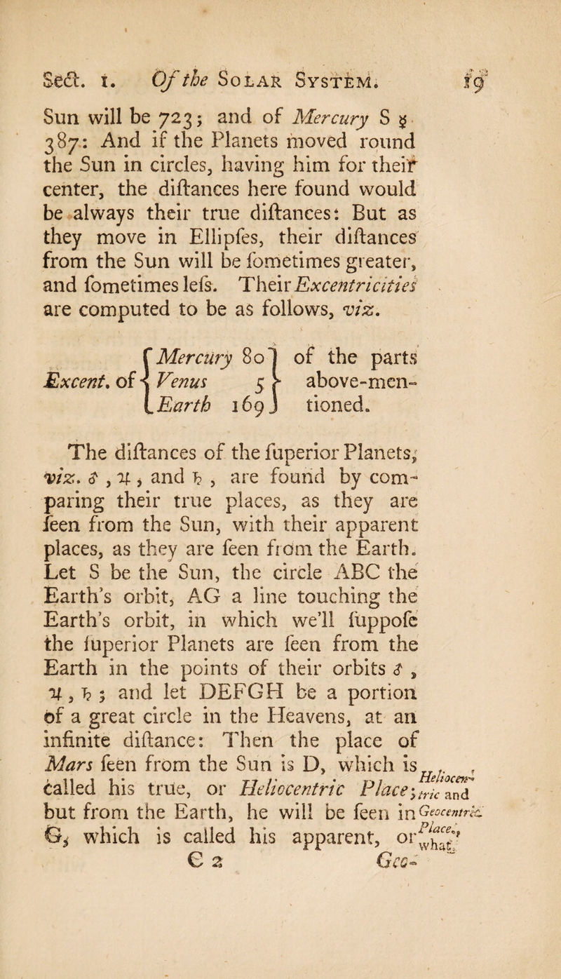 Sun will be 723; and of Mercury S £ 387: And if the Planets moved round the Sun in circles, having him for their center, the diftances here found would be always their true diftances: But as they move in Ellipfes, their diftances from the Sun will be fometimes greater, and fometimes lefs. TheirExcentricities are computed to be as follows, viz. {Mercury 801 of the parts Venus 5 > above-men- Earth 169 J tioned* > The diftances of the fuperior Planets, viz. $ , % j and t? , are found by com¬ paring their true places, as they are feen from the Sun, with their apparent places, as they are feen from the Earth. Let S be the Sun, the circle ABC the Earth’s orbit, AG a line touching the Earth’s orbit, in which well liippofe the luperior Planets are feen from the Earth in the points of their orbits $ , V-, h y and let DEFGH be a portion of a great circle in the Heavens, at an infinite diftance: Then the place of Mars feen from the Sun is D, which is f called his true, or Heliocentric Place but from the Earth, he will be feen mGe0C£”trk: G,' which is called his apparent, G a Gcg»