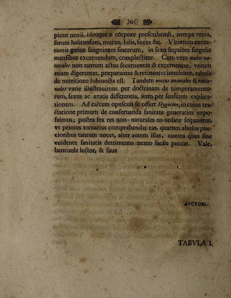 piunt noxii, ideoque e cOrpore profcribendi, nempe vrina, lerum halituofum, mucus, bilis, feces &amp;c. Vltimum excre- tionis genus fanguinem fincerum, in fexu fequiore fingulis mentibus excernendum, complebitur. Cum vero motus na¬ turales non tantum abus fecernentes &amp; excernentes, verum etiam digerentes, praeparantes &amp; retinentes inuoluant, tabula de nutritione lubiunba eft. Tandem motus animales &amp; ratio¬ nales varie illuftrauimus per dobrinam de temperamento¬ rum, fexus ac aetatis differentia, item per fenfuum explica¬ tionem. Ad calcem opufculi fe offert Hygieine, in cuius tra* batione primum de conferuanda fanitate generarim expo- fuimusj potlca fex res non - naturales eo ordine fequuntur, vt primus ternarius comprehendat eas, quarum abufus pau¬ cioribus tantum nocet, alter autem illas, contra quas fine euidente fanitatis detrimento nemo facile peccat. Vale, beneuole lebor, &amp; faue AVCTORI