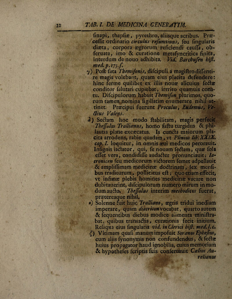 finapi, thapfiae, pyrethro, aliisque acribus. Prae¬ cellit ordinario circulus refumtiuus, feu Angularis diaeta, corpora aegrorum reficiendi caulTa, ob- feruata, imo &amp; curatione metafyncritica finita, interdum de nouo adhibita. Vid. Barcbufen bift♦ meA y) Poft fata Themijonis, difcipuli a magiflro diffenti- re magis volebant, quam eius placita defendere: hinc ferme quilibet ex illis nouae alicuius fe6he conditor falutari cupiebat, irrrito quamuis cona¬ tu. Difcipulorum habuit Themifon plurimos, quo¬ rum tamen nomina Agillatim enumerare nihil at¬ tinet. Praecipui fuerunt Proculus, Eudemus, Ve¬ dius Valens. $) Seftam hoc modo flabilitam, magis perfecit Tbejfulm Trallianus, homo faftu turgidus &amp; phi- lautia plane excaecatus. Is cunela maiorum pla¬ cita arrodens, rabie quadam, vt Plinius lib. XXIX* cap.L loquitur, in omnis aeui medicos perorauit. Infignis ia&amp;ator, qui, fe nouam feflam, quae fola effet vera, condidiffe audafter pronunciauit; la~ tronicen feu medicorum vidiorem femet adpellauit &amp; ampliflimam medicinae do61rinam, lex menfi- bus traditurum , pollicitus eft; quo etiam effecit, vt infimae plebis homines medicinae vacare non dubitauerint, difcipulorum numero mirum inmo- dumaufio. Thejfalus interim methodicus fuerat, practereaque nihil. *) Solenne fuit huic Tralliano, aegris tridui inediam imperare, quam diatriton vocabat, quarto autem &amp; iequentibus diebus modice alimenta miniftra- bat, quibus transabis, curationis fecit initium. Reliqua eius Angularia vid. in Clerici bift. \med.Lc* g) Vltimam quali manum impofuit Soranus Epbefitis, cum aliis fynonymis non confundendus, &amp;fediae huius propagator haud ignobilis, cuius memoriam &amp; hypothefes feriptis fuis conleruauit Cfilius Au- i./ .') ■ ■ reiianus