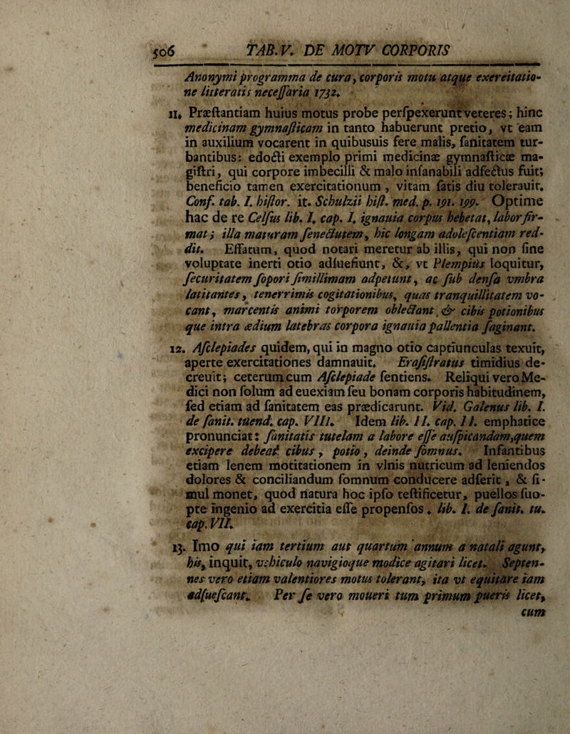 Anonymt programma de cura} corporis motu atque exereitatto¬ ne litteratis necefiaria 1732*. 11« Praeftantiam huius motus probe perfpexerunt veteres; hinc medicinam gymnaflicam in tanto habuerunt pretio , vt eam in auxilium vocarent in quibusuis fere malis, fanitatem tur¬ bantibus: edodi exemplo primi medicinae gymnafticae ma- giftri, qui corpore imbecilli &amp; malo infanabili adfe&lt;Sus fuit; beneficio tamen exercitationum , vitam fatis diu tolerauir. Conf tab. I. Inflor, it. Schulzii hifl.med. p. 191. 199. Optime hac de re Celfus lib. 4 cap. 4 ignauia corpus hebetat, labor fir¬ mat ; illa maturam fene Butem, hic longam adolefcentiam red¬ dit. Effatum, quod notari meretur ab illis, qui non fine voluptate inerti otio adfuefiunt, &amp;, vt Plempius loquitur, fecuritatem fopori JimiUimam adpetunt, ac fub denfa vmbra latitantes, tenerrimis cogitationibusr quas tranquillitatem vo¬ cant, marcentis animi torporem obleBant &amp; cibis potionibus que intra aedium latebras corpora ignauia pallentia faginant. 12. Afctepiades quidem, qui in magno otio captiunculas texuit, aperte exercitationes damnauit, Erafiflratus timidius de- creuit; ceterum cum Afclepiade fentiens. Reliqui vero Me¬ dici non foium ad euexi3mfeu bonam corporis habitudinem, fed etiam ad fanitatem eas praedicarunt. Vid. Galenus lib. I. de fanit. ttiend. cap. VllL Idem lib. /4 cap. 74 emphatice pronunciat: fanitatis tutelam a labore e fi e aiifpicandam,quem excipere debeat cibus , potio, deinde fomnus. Infantibus etiam lenem motitationem in vinis nutricum ad leniendos dolores &amp; conciliandum fomnum conducere adferit, &amp; fi* mul monet, quod natura hoc ipfo teftificetur, puellos fuo- pte ingenio ad exercitia effe propenfos ♦ lib. L de fanit* tu» cap.Vlh 13. Imo qui iam tertium aut quartum \annum a natali agunt, hisy in quit, 'vehiculo navigioque modice agitari licet. Septen¬ nes vero etiam valentiores motus tolerant, ita vt equitare iam adfuefeant* Per fe vera moueri tum primum pueris licet, cum