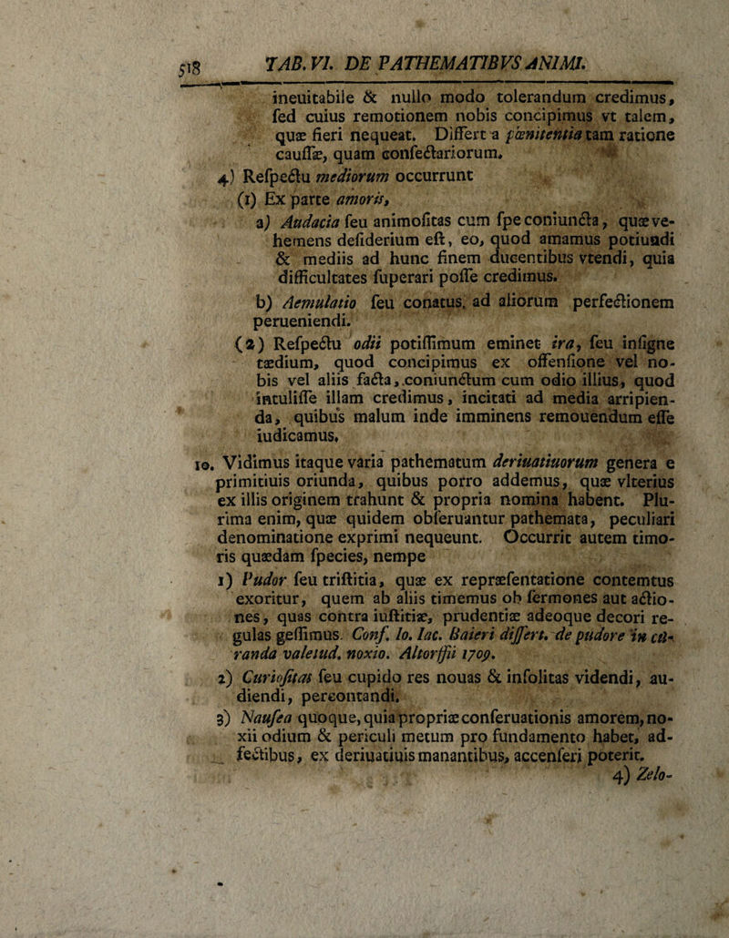 ineuitabiie &amp; nullo modo tolerandum credimus, fed cuius remotionem nobis concipimus vt talem, quae fieri nequeat. Differt a poenitentia tam ratione cauflae, quam confeCiariorum* 4) RefpeCtu mediorum occurrunt (1) Ex parte amoris, aj Audacia feu animofitas cum fpe coniunch , quee ve¬ hemens defiderium eff, eo, quod amamus potiundi &amp; mediis ad hunc finem ducentibus vtendi, quia difficultates fuperari pofle credimus. b) Aemulatio feu conatus, ad aliorum perfectionem perueniendi. (») RefpeCtu odii potiflimum eminet ira7 feu infigne taedium, quod concipimus ex offenfione vel no¬ bis vel aliis fa&amp;a, .coniunChim cum odio illius, quod intulifle illam credimus, incitati ad media arripien¬ da, quibus malum inde imminens remonendum efle iudicamus. Vidimus itaque varia pathematum deriuatiuorum genera e primitiuis oriunda, quibus porro addemus, quae vlterius ex iliis originem trahunt &amp; propria nomina habent. Plu¬ rima enim, quae quidem obferuantur pathemata, peculiari denominatione exprimi nequeunt. Occurrit autem timo¬ ris quaedam fpecies, nempe 1) Pudor feutriftitia, quae ex repraefentatione contemtus exoritur, quem ab aliis timemus ob fermones aut a&amp;io- nes, quas contra iuftitiae, prudentiae adeoque decori re¬ gulas geffimus. Conf. Io. Iac. Baieri differt, de pudore 'in Mi¬ randa valeiud. noxio. Altorjfii 1709. 2) Curiofitas feu cupido res nouas &amp; infolitas videndi, au¬ diendi, percontandi. i) Naufea quoque, quia propriae conferuationis amorem, no¬ xii odium &amp; periculi metum pro fundamento habet, ad- fectibus, ex deriuauuis manantibus, accenferi poterit. 4) Zelo-