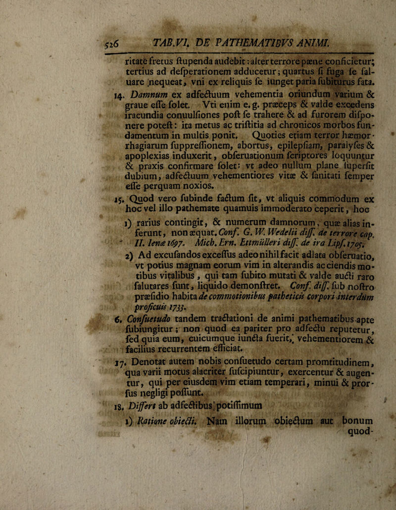 ritatfc fretus ftupenda audebit; alter terrore paene conficietur; tertius ad defperationem adducetur; quartus fi fuga fe fai- uare ;nequeat, vni ex reliquis fe iunget paria fubiturus fata. 14. Damnum ex adfe«Suum vehementia oriundum varium &amp; graue efle folet. / Vti enim e.g. praeceps &amp; valde excedens iracundia conuulfiones poft fe trahere &amp; ad furorem difpo- nere poteft: ita metus ac triflitia ad chronicos morbos fun¬ damentum in multis ponit. Quoties etiam terror haemor * rhagiarum fuppreffionem, abortus, epilepfiam, paraiyfes&amp; apoplexias induxerit, obferuationum fcriptores loquuntur &amp; praxis confirmare folet: vt adeo nullum plane liiperfit dubium, adfe&lt;3uum vehementiores vitae &amp; fanitati femper efie perquam noxios. 15. Quod vero fubinde faflum fit, vt aliquis commodum ex hoc vel illo pathemate quamuis immoderato ceperit, hoc j) rarius contingit, &amp; numerum damnorum, quae alias in¬ ferunt, non aequat. Confi G. W. Wedelii dijfi de terrore cap. ' II. lena 1697. Mich. Ern. Ettmulleri dijfs de ira Lipf. 17os. 2) Ad excufandos exceflus adeo nihil facit adlata obferuatio, vt potius magnam eorum vim in alterandis ac ciendis mo¬ tibus vitalibus , qui tam fubito mutati &amp; valde aufli raro falutares funt, liquido demonftret. Conf, diff. fub noftro praefidio habita de commotionibus patheticis corpori interdtim proficuis 1753. 6. Confuetudo tandem traflationi de animi pathematibus apte fubiungitur; non quod ea pariter pro adfeftu reputetur , fed quia eum, cuicumque iundla fuerit,] vehementiorem &amp; facilius recurrentem efficiat. 17. Denotat autem nobis confuetudo certam promtitudinem, qua varii motus alacriter fufcipiuntur, exercentur &amp; augen¬ tur, qui per eiusdem vim etiam temperari, minui &amp;pror- fus negligi poliunt. 13. Differt ab adfe&lt;SHbus|potiffimuffl 1) Ratione obiecli. Nam illorum obie&amp;um aut bonum quod