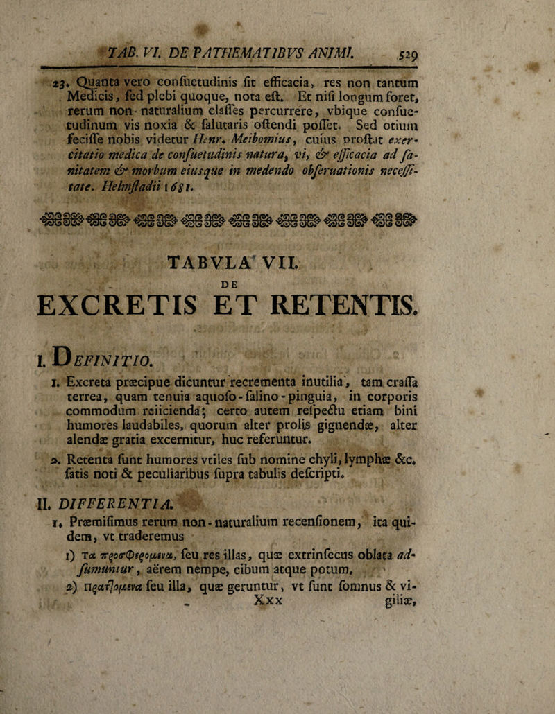 23♦ Quanta vero confuetudinis fit efficacia, res non tantum Medicis, fed plebi quoque, nota eft* Et nifi longum foret, rerum non naturalium clafles percurrere, vbique confue- tudinum vis noxia &amp; falutaris oftendi poflet* Sed otium feci fle nobis videtur Henr. Meibomiusy cuius oroftat exer¬ citatio medica de confuetudinis natur a % vi, &amp; efficacia ad fi¬ nit at em &amp; morbum eius que in medendo obfer nationis necejfi- tate. Helmftadii i6%i* TABVLA VIL EXCRETIS ET RETENTIS. I. Definitio. 1. Excreta praecipue dicuntur recrementa inutilia , tam crafla terrea, quam tenuia aquofo- faiino - pinguia, in corporis commodum reficienda; certo autem retpe&amp;u etiam bini humores laudabiles, quorum alter prolis gignendae, alter alendae gratia excernitur, huc referuntur, 2. Retenta funt humores vtiles fub nomine chyli, lymphae &amp;c« fatis noti &amp; peculiaribus fupra tabulis defcripth IL DIFFERENTIA. r* Praemifimus rerum non-naturalium recenfionem, ita qui¬ dem , vt traderemus 1) Tot 7r%o(r(ps%ofjt,tvti, feu res illas, quae extrinfecus oblata ad- fumumur, aerem nempe, cibum atque potum, 2) u^ajJofAeva feu illa, quae geruntur, vt funt fomnus &amp; vi- Xxx gilix,