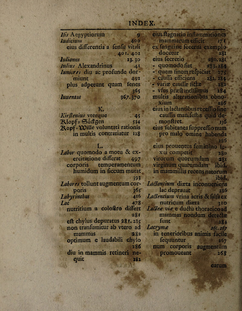 Ifis Aegyptiorum 9 Judicium 4°o eius differentia a fenfu vitali 40 r. 402 Julianus 23. 30 Julius Alexandrinus 41 Juniores diu ac profunde dor: miunt 492 plus. adpetunt quam lenes 3^5 luuenm 367.370 K. Kirflenius vterque 45 2\lopf- ©acfgerr 534 2\opf^VOiUe voluntati rationis in multis contrariatur 128 L. Labor quomodo a motu &amp; ex¬ ercitatione differat 497 corporis temperamentum humidum in ficcum mutat 393 Labores tollunt augmentum cor¬ poris 36^ Labyrinthus 4*6 Lac ' 478 nutritium a coloftro differt 28 r eft chylus depuratus 2$ r. 28$ non tranfumitur ab vtero ad mammas 282 optimum e laudabili chylo 286 diu in mammis retineri ne¬ quit 282 eius ftagnatio inflammationes mammarum efficit 17 r ex fanguine fecerrli exemplo docetur 281 eius fecretio 2$o, 281 - quomodo fiat 283.284 - quem finem refpiciat 275 - cauffa efficiens 282. 284 - variae cauflae fidae 282 - vfus praeftantiffimus 284 multis alterationibus obno¬ xium 286 eius in ladantibus receffio fine cauffis manifeftiS quid de- monftret 136 eius fubitanea fuppreffio num pro malo omine habenda 2B6 eius prouentus feminino fs- xui competit 280 virorum quorumdam 281 virginum quarumdam ibid* in mammillis recens natorum ibid. La&amp;antium diaeta inconuenieris lac deprauat 286 La&amp;entium vrina acris &amp; falfa ex nutricum diaeta 310 l,a&amp;e<e vi<e e dudu thoracico ad mammas nondum detedae funt 284 Lacrymt 265.267 in tenerioribus animis facile fequuntur 267 num corporis augmentum promoueant 26$