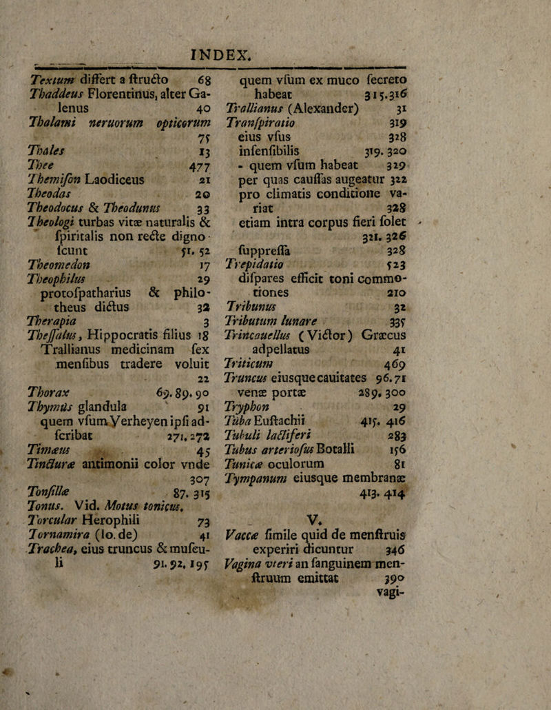 Textum differt a ftru&lt;5lo 6g Tbaddeus Florentinus, alter Ga¬ lenus 40 Thalami nemorum opticorum 75 Thales 13 The e 477 Themifin Laodiceus 21 Theodas 20 Tbeodoctts &amp; Theodunus 33 Theologi turbas vitae naturalis &amp; fpiritalis non redle digno Icunt fi. 52 Theomedon 17 Theophilus 29 protofpatharius &amp; philo - theus didus 32 Therapia 3 TheJptltiSy Hippocratis filius 18 Trallianus medicinam fex menfibus tradere voluit 22 Thorax 69. 89* 90 Thymtls glandula 91 quem vfumyerheyenipfiad- feribat 271.272 Timeem 45 Tinflurce antimonii color vnde 307 TonfiUse 87. 315 Tonas. Vid. Motus tonictis. Torcular Herophiii 73 Tornamira (io.de) 41 Trachea, eius truncus &amp;mufeu- li 91*92.197 quem vfutn ex muco fecreto habeat 315.316 Trallianus (Alexander) 31 Tranfpiratio 319 eius vfus 328 infenfibilis 319.320 - quem vfum habeat 329 per quas cauffas augeatur 322 pro climatis conditione va¬ riat 328 etiam intra corpus fieri folet 321. 32 6 fuppreffa 328 Trepidatio 523 difpares efficit toni commo¬ tiones 210 Tribunus 32 Tributum lunare 33? Trine anellus (Viifor) Graecus adpellatus 41 Triticum 469 Truncus eiusquecauitates 96.71 venae portae 289. 300 Tryphon 29 Tuba Euftachii 4if. 416 Tubuli lafliferi 283 Tubus arteriofus Botalli 156 Tunicas oculorum 8f Tympanum eiusque membranae 4X3* 4*4 V* Vacca fimile quid de menftruis experiri dicuntur 346 Vagina uteri an fanguinem men- ftruum emittat 39° vagi-