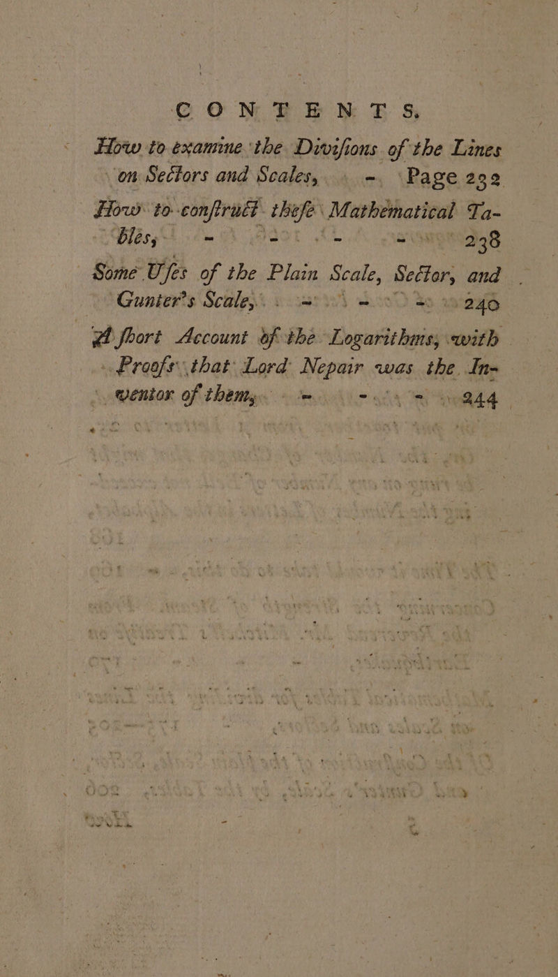 CoN PEM EF How to examme the Divifions of the Lines On Sectors and Scales, . - Page 292 : iow: to. Pe ih aes Le Ta- Dlésy hire A OO ~ ~ 238 — Some: Ufes of the Plain ee Seéter, and Gunier’s Scale... 3) = = 1 240 Z fhort Account of the Commie Ngia with — Proofs: that Lord k apn was the In- wentor of they. me BAA