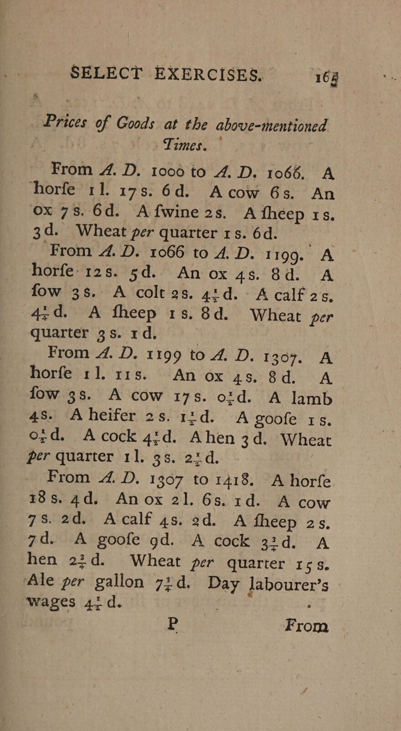 Prices of Goods at the above-mentioned Ad 09 Famese 3 From 4. D. 1006 to 4. D. 1066. A horfe 11. 17s. 6d. Acow 6s. An ox 7s. 6d. Afwine 2s. A fheep rs. 3d. Wheat per quarter rs. 6d. ‘From 4. D. 1066 to 4.D. 1199. A horfe-12s. 5d. Anoxas. 8d. A fow 3s. A coltas. 42d. Acalf 2s. 4d. A fheep 1s. 8d. Wheat per quarter 3s. 1d. | From 4. D. 1199 to 4. D. 1307. A horfe 11. r1s. Anox as. 8d. A fow 3s. A cow 17s. oid. A lamb 4s. Aheifer 2s. 1:d. A goofe rs. ord. Acock 43d. Ahen 3d. Wheat per quarter 1]. 3s, 22d. From 4. D. 1367 to 1418. A horfe. 18s. 4d. Anox 21. 6s. 1d. A cow 78. 2d. Acalf 4s. 2d. A fheep 2s, 7d. A goofe gd. A cock 3:d. A hen 23d. Wheat per quarter 1 53. Ale per gallon 73d. Day Jabourer’s Wages 4id. ses ; P From