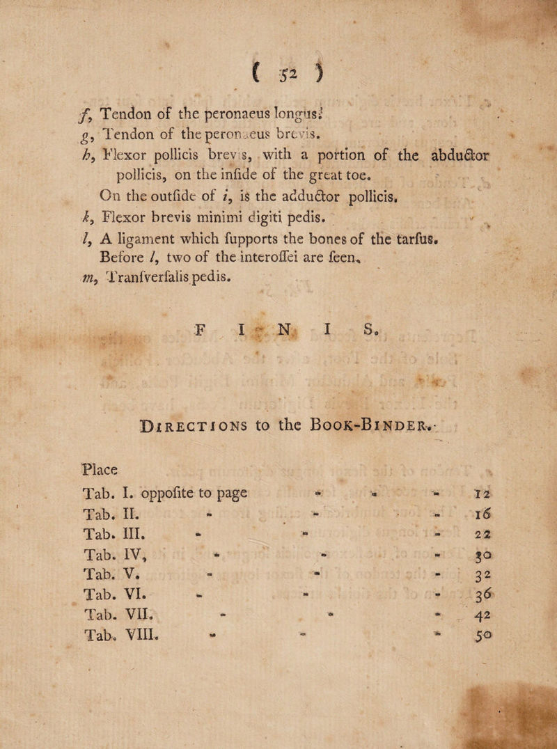 /, Tendon of the peronaeus longiis-! g, Tendon of theperots,eus brc: s. hy Flexor poilicis brews, with a portion of the abdu&amp;or pollicis, on the infide of the great toe* On the outfide of /, is the addudtor pollicis* ky Flexor brevis minimi digit! pedis. /, A ligament which fupports the bones of the tarfus. Before /, two of the interoffei are feen, m.y Tranfverfalis pedis. F I N I So Directions to the Book-Binder. Place Tab. I. oppofite to page - * - 12 Tab. II. - - 16 Tab. III. - » 22 Tab. IV, - “ - 30 Tab. V. - * 32 Tab. VI. - - - 36 Tab. VII. - - 42 Tab, VIII. - - * 50