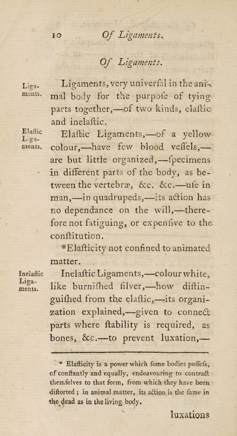 Liga¬ ments. Elaftic Liga¬ ments. Inelaftic Liga¬ ments. i o Of L igamen ts x Of Ligaments. Ligaments, very univerfal in the ani- O J mal body for the purpofe of tying parts together,—-of two kinds, elaftic- and inelaftic. Elaftic Ligaments,-—of a yellow colour,—have few blood veftels,— are but little organized,—fpecimens in different parts of the body, as be¬ tween the vertebra, &c. &c.—ufe in man,—in quadrupeds,—its addon has no dependance on the will,—there¬ fore not fatiguing, or expenfive to tho conftitution. *Elafticity not confined to animated matter. Inelaftic Ligaments,—colour white, like burnifhed filver,— how diftin- guifhed from the elaftic,—its organi¬ zation explained,—-given to conned <parts where ftability is required, as bones, &c.-—to prevent luxation,— * Elafticity Is a power which Tome bodies poftefs, of conftantly and equally, endeavouring to contract themfelves to that form, from which they have been diilorted; in animal matter, its addon is the fame in the_dead as in the living body* luxations