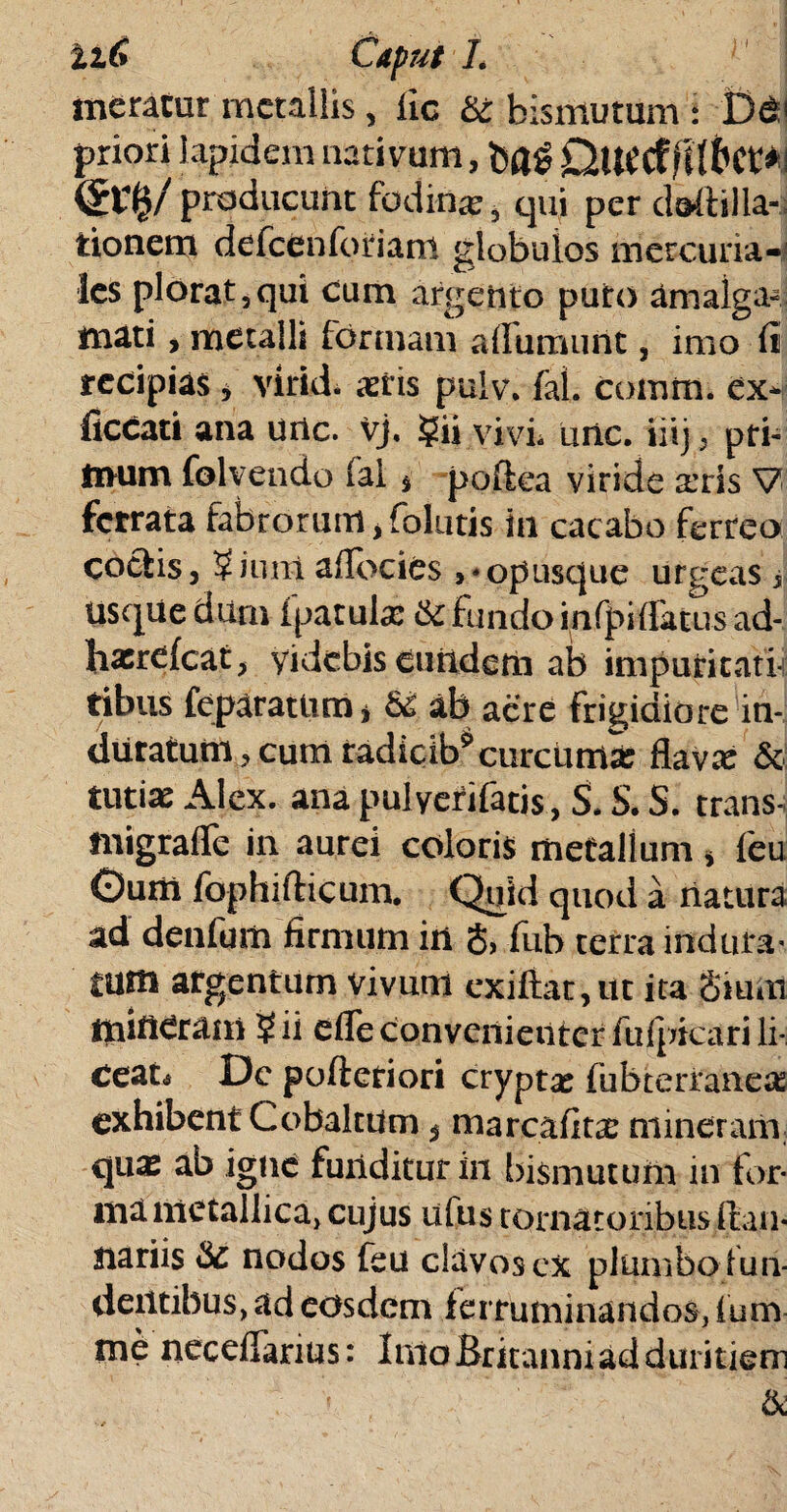 iit» Caput I. meratur metallis, iic St bismutum : D<5' priori lapidem nativum, fcflg Quecf|HbcV*l producunt fodinas, qui per destilla¬ tionem defcenforiam globulos mercuria- les plorat,qui cum argento puro amalgu- mati, metalli formam aflumunt, imo fi recipias, virid. asfis pulv. fal. coinffl. ex- ficcati ana urte. vj. ?ii vivi une. iiij, pri¬ mum folvendo fal s poltea viride arris V ferrata fabrorum, folutis in cacabo ferreo coctis, ?iuni aflbeies ,• opusque urgeas i Usque dum Ipatulx St fundo infpiffatus ad- hxrelcat, Videbis eundem ab impuritati- tibus feparattim, St ab acre frigidiore in¬ duratum, cum radicib51 curcuma: flava: & tutis Alex, ana pulyerifacis, S. S. S. trans- migrafle in aurei coloris metallum, feu Ouffi fophifticum. Quid quod a natura ad denfum firmum in $, fub terra indura¬ tum argentum vivum exiftat,ut ita Sium mineram ? ii efle Convenienter fufpicari li¬ ceat* De poftetiori cryptae fubterraneac exhibent Cobaltdm, marcafits mineram qus ab igne funditur in bismutum in for- mametallica, cujus ufus tornatoribus ftan- natiis St nodos feu clavos ex plumbo fun¬ dentibus, ad eosdem ferruminandos, lum me neceflarius: Imo Britanni ad duritiem &