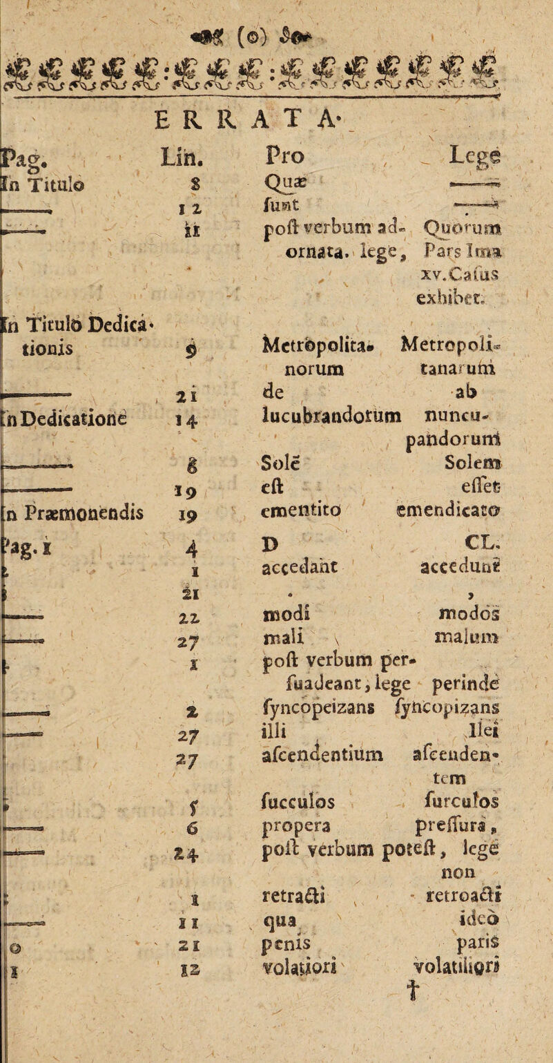 Pag. fn Titulo in Titula Dedica< tionis n Dedicatione n Praemonendis 'ag. I Q l E R RATA-. Lsh. Pro \ Lege s Qus I 2 fusit -* SI poft verbum ad- Quorum .1 ornata. kg« Pars Itum J0 > . 1 ' ^ \ xv.Caius exhibet. t. 0 Mctrbpolita» MetropohU norum tanamfti 2 i de ab 14 lucubrandotum nuncu- V U i f pandoruni i Sole Solem 19 eft edet- 19 ementito emendicato» 4 D CL, 1 accedant accedunt 21 > 22 modi modos zy mali \ malum X poft verbum per- fuadeant, lege perinde % fyncopeizans fyncopizans zy illi diei 27 afcendentium afeenden- tem f fucculos furculos 6 propera preffura p * * poli: verbum poteft, lege non a retra&i v retroa&i 11 qua idcd ' 21 penis paris IS rolauort volauiiQra t