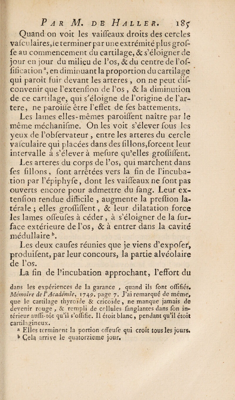 Quand on voie les vaiffeaux droits des cercles vafeu laires,ie terminer par une extrémité plus grol- fe au commencement du cartilage, Sc s’éloigner de jour en jour du milieu de Vos, Sc du centre de fof- fificadona, en diminuant la proportion du cartilage qui paroît fuir devant les arteres, on ne peut dis¬ convenir que l’extenfion de l’os , Sc la diminution de ce cartilage, qui s^éloigne de l’origine de far- tere, ne paroille être l’effet de fes battements. Les lames elles-mêmes paroiffent naître par le même méchanifme. On les voit s’élever fous les veux de l’obfervateur , entre les arteres du cercle vafculaire qui placées dans des filions,forcent leur intervalle à s’élever à mefure qu’elles grofliifent. Les arteres du corps de l’os, qui marchent dans fes filions, font arrêtées vers la fin de l’incuba¬ tion par l’épiphyfe, dont les vaiffeaux ne font pas ouverts encore pour admettre du fang. Leur ex- tenfion rendue difficile , augmente la preffîon la¬ térale; elles groffiffent, Sc leur dilatation force les lames offeufes à céder , à s’éloigner de la fur- face extérieure de l’os, Sc à entrer dans la cavité médullaire \ Les deux caufes réunies que je viens d’expofer, produifent, par leur concours, la partie alvéolaire de l’os. La fin de l’incubation approchant, l’effort du dans les expériences de la garance , quand ils font offifiés. Mémoire de VAcadémie, 1749. page 7. J’ai remarqué de même, que le cartilage thyroïde &amp; cricoïde, ne manque jamais de devenir rouge , &amp; rempli de cellules fanglantes dans Ton in¬ térieur auffi-tôt qu’il s’oilîfie. Il étoit blanc, pendant qu’il étoit cartilagineux. a Elles terminent la portion ofTeufe qui croît tous les jours* * Cela arrive le quatorzième jour*