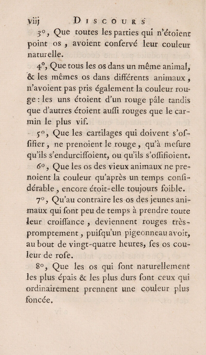 yiij Disc o u r s 3°, Que toutes les parties qui rudoient point os , avoient confervé leur couleur naturelle. 4°? Que tous les os dans un même animal^ & les mêmes os dans différents animaux 9 n’avoient pas pris également la couleur rou¬ ge : les uns étoient d'un rouge pâle tandis que d'autres étoient auffi rouges que le car¬ min le plus vif. 5% Que les cartilages qui doivent s’of- fTfier j ne prenoient le rouge , qu'à mefure qu'ils s'endurciffoientj ou qu'ils s’ofTifioient. 6° y Que les os des vieux animaux ne pre¬ noient la couleur qu’après un temps confi- dérable «> encore étoit-elle toujours foible. 7°y Qu'au contraire les os des jeunes ani¬ maux qui font peu de temps à prendre toute leur croiffance , deviennent rouges très - promptement , puifqu’un pigeonneau avoir, au bout de vingt-quatre heures, fes os cou¬ leur de rofe. 8% Que les os qui font naturellement les plus épais & les plus durs font ceux qui ordinairement prennent une couleur plus foncée.