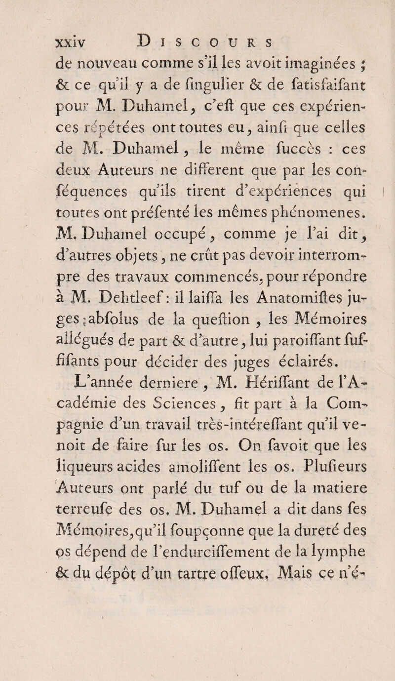 de nouveau comme s'il les avoit imaginées ; & ce qu il y a de fingulier & de fatisfaifant pour M. Duhamel j c’eft que ces expérien¬ ces répétées ont toutes eu,, ainfi que celles de M. Duhamel ^ le même fuccès : ces deux Auteurs ne different que par les con- fequences qu’ils tirent d’expériences qui toutes ont préfenté les mêmes phénomènes. M. Duhamel occupé ^ comme je Fai dit , d’autres objets 5 ne crût pas devoir interrom¬ pre des travaux commencés, pour répondre à M. Dehtleef : il laifla les Anatomifies ju¬ ges ^abfolus de la queflion , les Mémoires allégués de part & d’autre ^ lui parodiant fuf- filants pour décider des juges éclairés. L’année derniere 9 M. Hériflant de l’A¬ cadémie des Sciences ^ fit part à la Com¬ pagnie d’un travail très-intéreflant qu’il ve- noit de faire fur les os. On favoit que les liqueurs acides amoliffent les os. Plufieurs Auteurs ont parlé du tuf ou de la matière terrevife des os. M. Duhamel a dit dans fes Mémoires^qu’il foupçonne que la dureté des os dépend de FçndurcifTement de la lymphe & du dépôt d’un tartre offeux, Mais ce né-