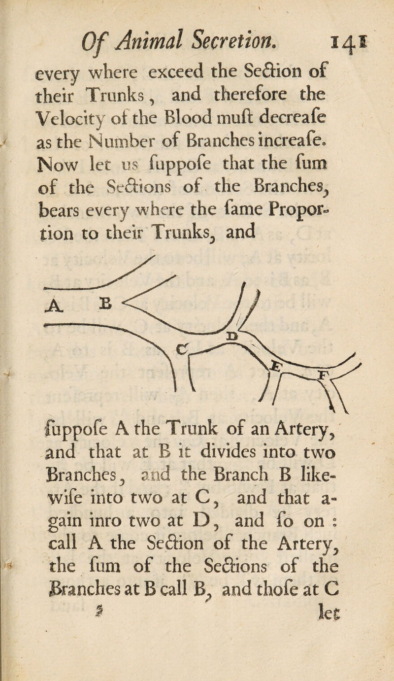 every where exceed the Section of their Trunks, and therefore the Velocity oi the Blood muft decreafe as the Number of Branches increafe, Now let us fuppofe that the fum of the Se&amp;ions of the Branches, bears every where the fame Propor¬ tion to their Trunks, and and that at B it divides into two Branches, and the Branch B like- wife into two at C, and that a- gain inro two at D, and fo on : call A the Section of the Artery, the fum of the Se&amp;ions of the Branches at B call B, and thofe at C * ' kt