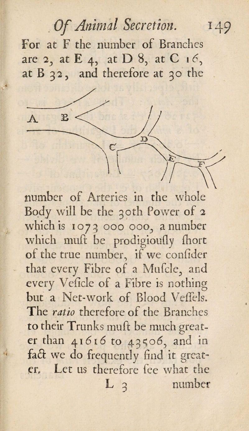 For at F the number of Branches are 2, at E 4, at D 8, at C 1 6, at B 32, and therefore at 30 the number of Arteries in the whole Body will be the goth Power of 2 which is ioyg 000 000, a number which muft be prodigioufly fhort ot the true number, if we confidcr that every Fibre of a Mufcle, and every Veficle of a Fibre is nothing but a Net-work of Blood Veffds. The ratio therefore of the Branches to their Trunks muft be much great¬ er than 41616 to 43 <>06, and in fa£t we do frequently find it great¬ er, Let us therefore fee what the L 3 number