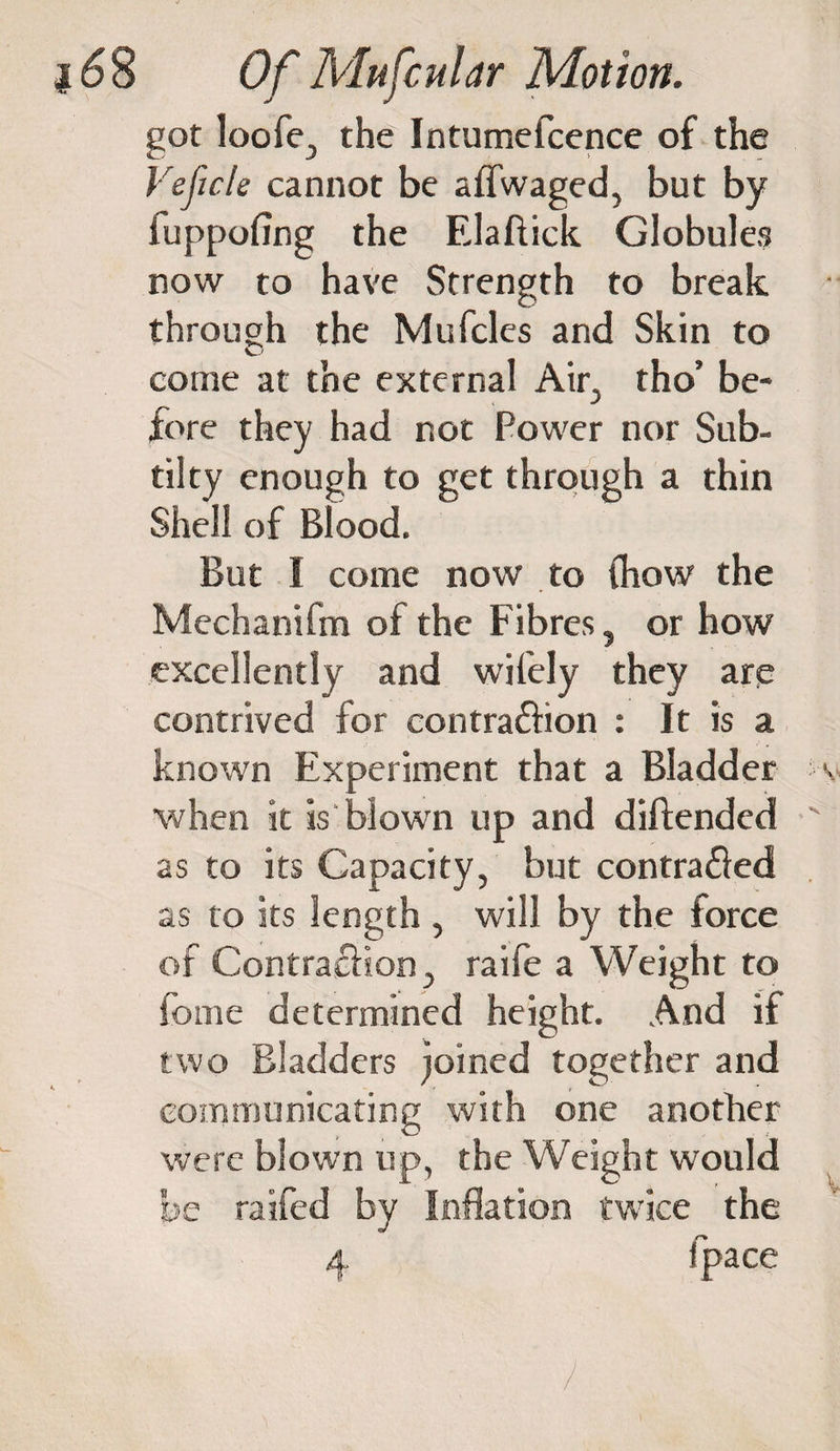 got loofe, the Intumefcence of the Veficle cannot be affwaged, but by fuppofing the Elaftick Globules now to have Strength to break through the Mufcles and Skin to come at the external Air, tho’ be¬ fore they had not Power nor Sub- tilty enough to get through a thin Shell of Blood. ^ But 1 come now to Chow the Mechanifm of the Fibres, or how excellently and wifely they are contrived for contra&ion : It is a known Experiment that a Bladder ■when it is blown up and diftended as to its Capacity, but contracted as to its length, will by the force of Contraction, raife a Weight to fonie determined height. And if two Bladders joined together and communicating with one another were blown up, the Weight would be railed by Inflation twice the
