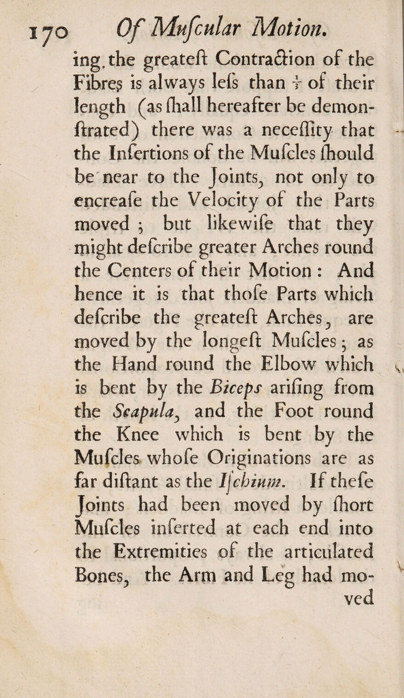 ing.the greateft Contraction of the Fibre? is always Iefs than f of their length (as fhall hereafter be demon- ftrated) there was a necefllty that ~j the Infertions of the Mufcles fhould be near to the Joints, not only to encreafe the Velocity of the Parts moved \ but likewife that they might delcribe greater Arches round the Centers of their Motion : And hence it is that thofe Parts which delcribe the greateft Arches, are moved by the longeft Mufcles; as the Hand round the Elbow which v is bent by the Biceps ariling from the Scapula, and the Foot round the Knee which is bent by the Mufcles whofe Originations are as far diftant as the Iichium. If thefe Joints had been moved by fhort Mufcles inferted at each end into the Extremities of the articulated Bones, the Arm and Leg had mo- v
