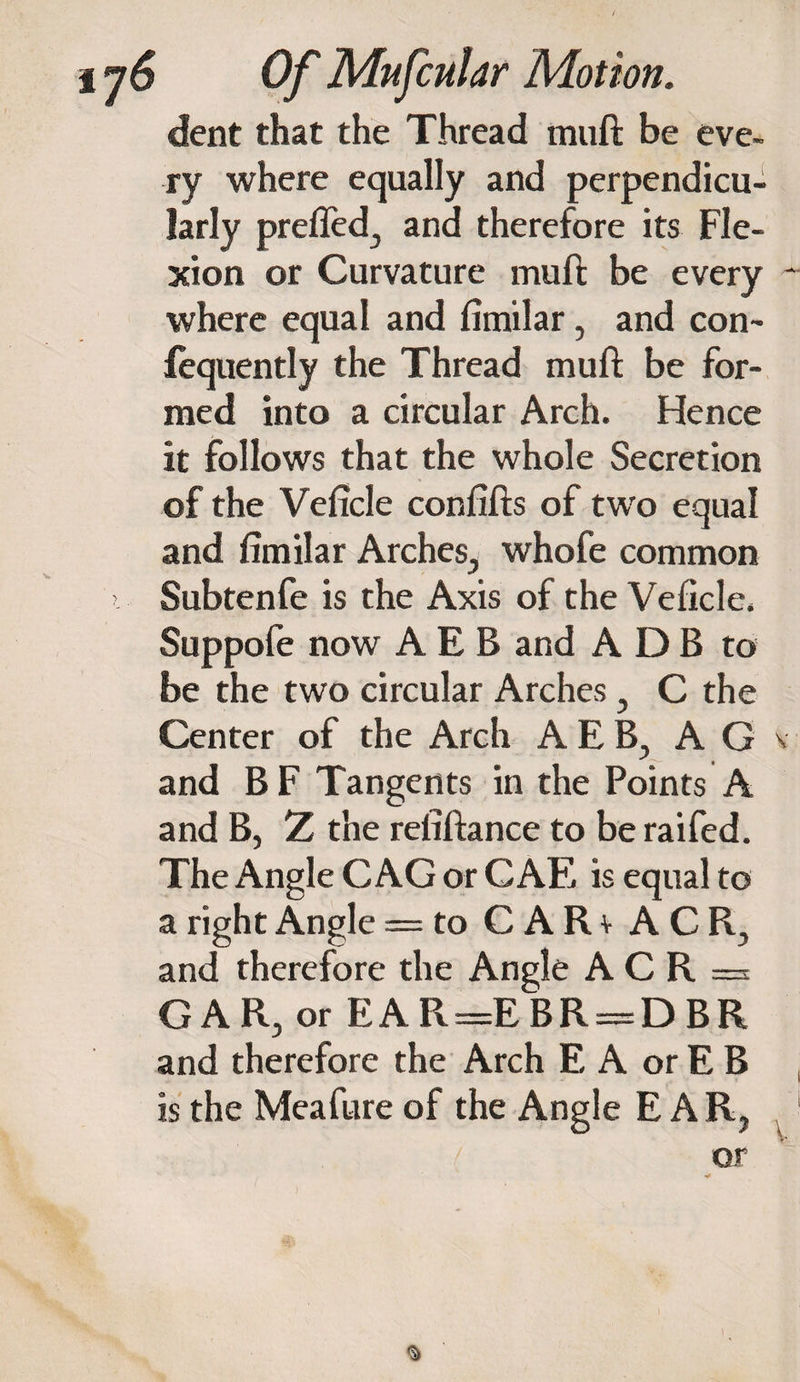 dent that the Thread rauft be eve¬ ry where equally and perpendicu¬ larly prefled, and therefore its Fle¬ xion or Curvature muft be every where equal and fimilar, and con- fequently the Thread muft be for¬ med into a circular Arch. Hence it follows that the whole Secretion of the Veficle confifts of two equal and fimilar Arches, whofe common &gt; Subtenfe is the Axis of the Veficle. Suppofe now A E B and A D B to be the two circular Arches , C the Center of the Arch AEB, AG and B F Tangents in the Points A and B, Z the refiftance to be raifed. The Angle C AG or CAE is equal to a right Angle = to CARv ACR, and therefore the Angle A C R = GAR, or EAR=EBR = DBR and therefore the Arch E A or E B is the Meafure of the Angle EAR, or Q