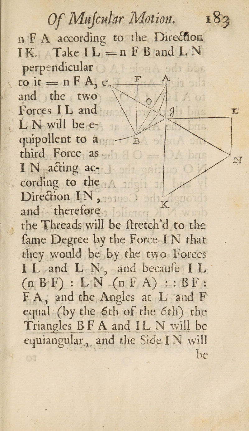 \ n F A according to the Direfifton perpendicular to it = n F A, and the two Forces IL and L N will be e- quipollent to a third Force as I N afting ac¬ cording to the Dire&amp;ion IN, and therefore the Threads will be ftretch’d to the fame Degree by the Force I N that they would be by the two Forces 1 L and L N, and becaufe I L (n B F) : L N (n F A) : : B F : F A, and the Angles at L and F equal (by the 6th of the 6th) the Triangles B F A and IL N will be equiangular , and the Side I N will be