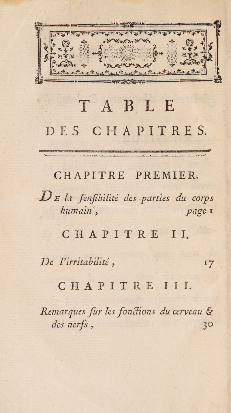 .UA. ÜB 1 %■ ^ ,4c @ rh ï m l'\2y&gt; * $1* &amp; \ f K*$ Mo #Ê *S? il *W* L f TABLE ! D E S CHAPITRE S. CHAPITRE PREMIER. D e la faifibilïtc des parties du corps humain , ptige i CHAPITRE IL De l irritabilité 9 17 CHAPITRE III. Remarques fur les fondions du cerveau &amp; des nerfs, . 30