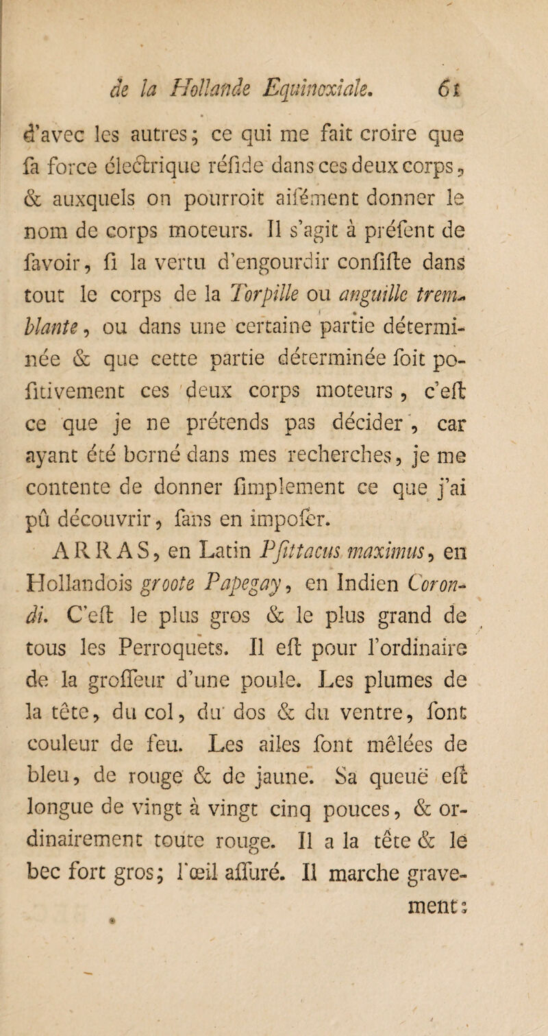 d’avec les autres ; ce qui me fait croire que fa force éleétrique réfide dans ces deux corps ? & auxquels on pourroit aifément donner le nom de corps moteurs. Il s’agit à préfent de favoir, fi la vertu d’engourdir confifte dans tout le corps de la Torpille ou anguille trenu liante, ou dans une certaine partie détermi¬ née & que cette partie déterminée foit po- fitivement ces deux corps moteurs, c eft ce que je ne prétends pas décider , car ayant été borné dans mes recherches, je me contente de donner Amplement ce que j’ai pû découvrir, fans en impofer. ARRAS, en Latin Pfittacus maximus, en • U Hollandois groote Papegay, en Indien Coron- di. C'eft le pins gros & le plus grand de » tous les Perroquets. Il eft pour l’ordinaire de la groiïeur d’une poule. Les plumes de la tête, du col, du’ dos & du ventre, font couleur de feu. Les ailes font mêlées de bleu, de rouge & de jaune. Sa queue eft longue de vingt à vingt cinq pouces, & or¬ dinairement toute rouge. Il a la tête & le bec fort gros; l'œil affuré. Il marche grave¬ ment;