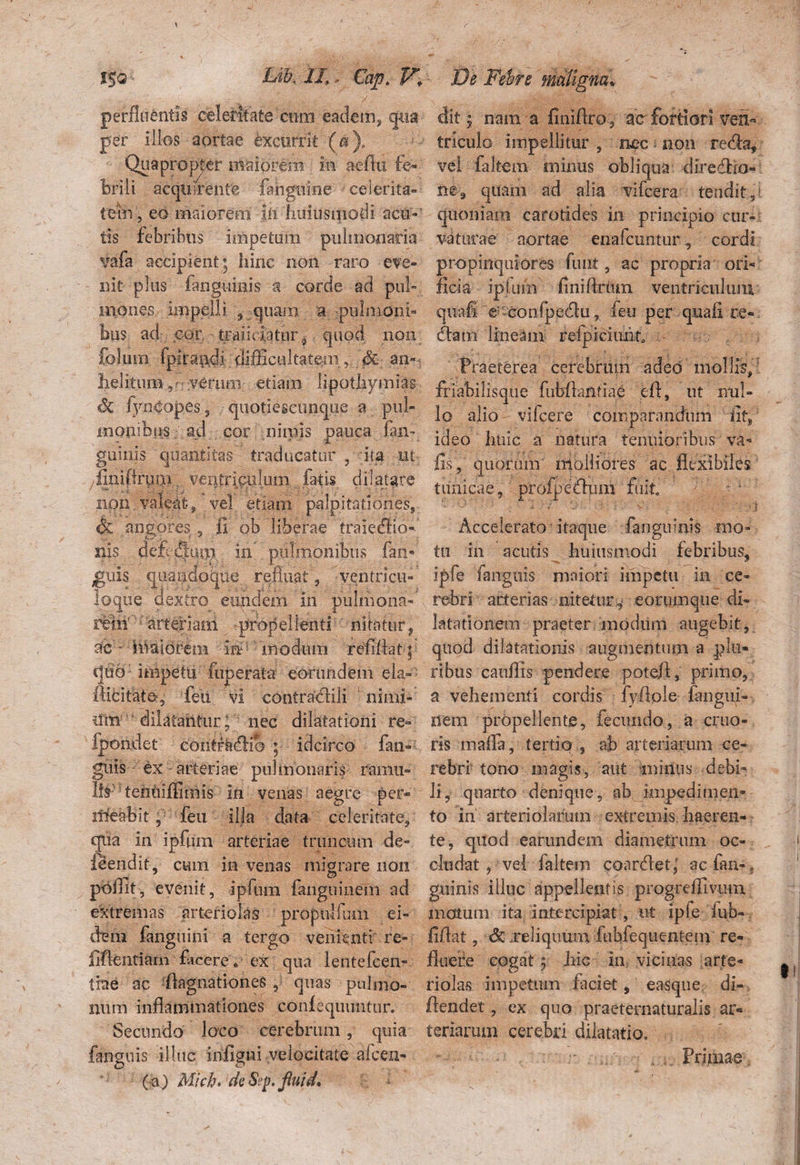 I$Q Lib, 2L Cap. V+ perfluentis celeritate cnm eadem, qua per illos aortae excurrit («), Quapropter maiorem m aefiu fe¬ brili acquirente fahguine -celerita¬ tem , eo maiorem jji huius modi acu¬ tis febribus impetum pulmonaria vafa accipient; hinc non raro eve¬ nit plus languieis a corde ad puh mones impelli , quam a pulmoni¬ bus ac! cor traiidatur, quod non foluin fpirandi difficultatem, $£ an» lielitum,: rerum etiam lipotliymias Sc fyncopes 5 quoties cunque a pul¬ monibus ad cor nimis pauca fan/ guinis quantitas traducatur , ita et yflnillrui.il. ventriculum latis dilatare non valeat, vel etiam palpitat.iones5 & angores, 11 ob liberae traiefllo- nis defrijaup in .pulmonibus fan¬ guis quandoque refluat, ventricu- loque dextro eundem in pulmonari rem'': arteriam propellenti ■ nitatur ? ac - hiaiorem ■ in?r-modum refiflatp tjub impetu fuperata eorundem eia- (licitate/ fetx vi contrafHli nimi¬ um dilatantur; nec dilatationi re- fpondet contradHo ; idcirco fan¬ guis ex arteriae pulmonaris ramu¬ lis’ tenhiffimis in venas aegre per- itteabit 5 feu illa data celeritate, qua in ipfum arteriae truncum de-, feendit, cum in venas migrare non poflit, evenit, ipfum fanguinem ad extremas arteriolas propuJfum ei¬ dem fanguini a tergo venienti re- fidentiam facere 8 ex qua lentefcen- thte ac ‘fiagnationes , quas pulmo¬ num inflammationes conlequuntur. Secundo loco cerebrum, quia fanguis illuc infigni velocitate alcen- (a) Mich' deSi^. jiuid* De Febre maligna* dit$ nam a finiflro, ac fortiori ven¬ triculo impellitur , nec non refla, vel faltem minus obliqua direfiiav ne9 quam ad alia vifcera tendit 5t quoniam carotides in principio cur¬ vaturae aortae enafcuntur, cordi propinquiores fuiit, ac propria ori¬ ficia ipfum finifirum ventriculum quafi e: confpeflu, feu per qua fi re¬ fla m lineam refpicimit* Praeterea cerebrum adeo mollis/ friabilisque fubfianfiae efi, ut nul¬ lo alio vifcere comparandum fit/ ideo huic a natura tenuioribus va* fis/ quorum molliores ac flexibiles tunicae, profpeflum fuit 1 Accelerato itaque (anguinis -mo¬ tu in acutis huiusmodi febribus, ipfe fanguis maiori impetu in ce¬ rebri arterias nitetur, eorumque di¬ latationem praeter modum augebit, quod dilatationis augmentum a plu¬ ribus cauflis pendere poted, primo, a vehementi cordis fyfiole (angui-, nem propellente, fecundo, a cruo- ris maffa, tertio , ab arteriarum ce¬ rebri tono magis, aut minus debi¬ li, quarto denique, ab impedimen¬ to in arteriolarum extremis, haeren¬ te, quod earundem diametrum oc¬ cludat , vel faltem coardlet. acian-, guinis illuc appellentis progreffivum matum ita intercipiat, ut ipie iub- fidat, & .reliquum fubfequentenv re¬ fluere cogat 5 hic in* vicinas arte¬ riolas impetum faciet, easque di- ftendet, ex quo praeternaturalis ar¬ teriarum cerebri dilatatio. Primae