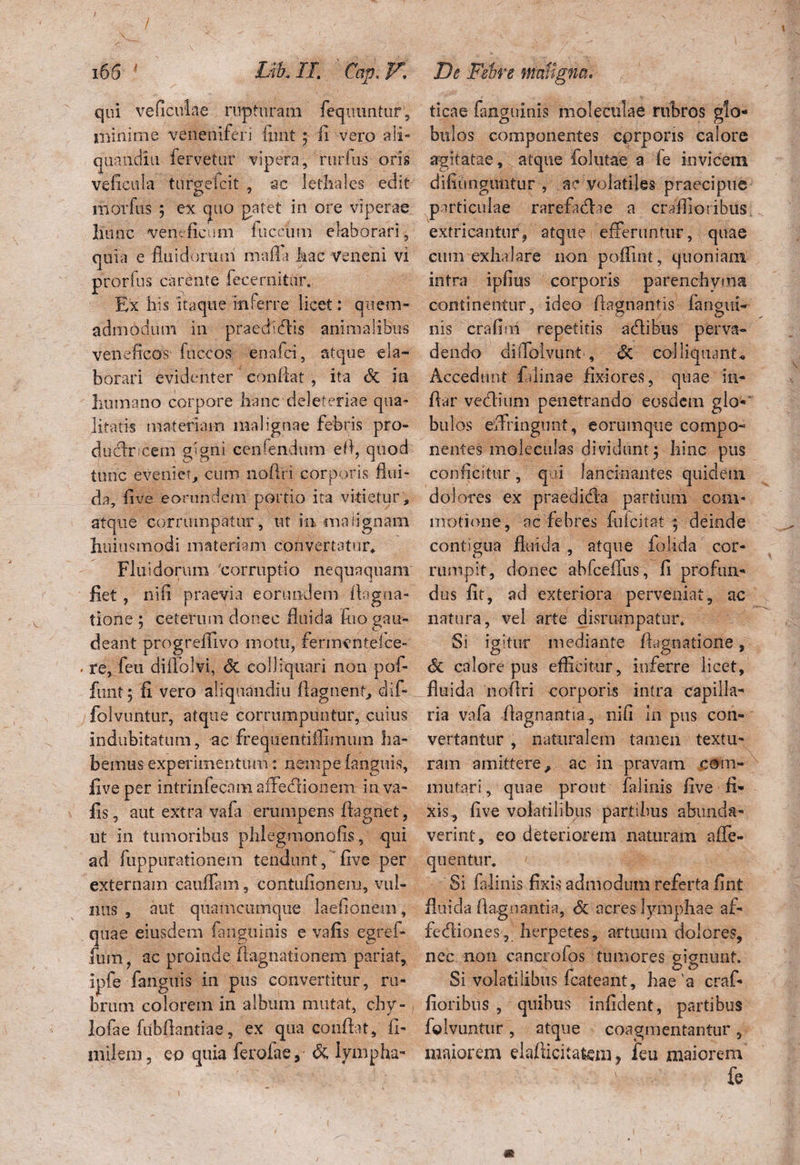 166 ' Lik II. Cap. V\ qui veficulae rupturam feqiumtur, minime veneniferi fiint; fi vero aii- quandiu fervetur vipera, riirfus oris veficula turgefcit , ac lethales edit morfiis ; ex quo patet in ore viperae Iiunc veni:ficum fuccum elaborari, quia e fluidorum mafla hac Veneni vi prorfus carente fecernitur. Ex his itaque inferre licet: quem¬ admodum in praedictis animalibus veneficos fiiccos enafci, atque ela¬ borari evidenter confiat , ita & in humano corpore hanc deleteriae qua¬ litatis materiam malignae febris pro- ductricem gigni cenfendum efi, quod tunc eveniet, cum nofiri corporis flui¬ da, five eorundem portio ita vitietur, atque corrumpatur, ut in malignam hujusmodi materiam convertatur* Fluidorum corruptio nequaquam fiet , nifi praevia eorundem fiagna- tione ; ceterum donec fluida fito gau¬ deant progrefllvo motu, fermentelce- re, feu diflblvi, <Sc coUiquari non pof- funt; fi vero aliqtiaiidiu Aagnenf, dif- folvuntur, atque corrumpuntur, cuius indubitatum, ac frequendffimum ha¬ bemus experimentum: nempe (anguis, five per intrinfecam affedionem inya- fis, aut extra vafa erumpens fiagnet, ut in tumoribus phlegmonofis, qui ad fuppurationem tendunt, five per externam cauffam, contufionem, vul¬ nus , aut quamcunique laefionem, quae eiusdem fanguinis e vafis egref- fuin, ac proinde fiagnationem pariat, ipfe fangtiis in pus convertitur, ru¬ brum colorem in album mutat, chy- lofae fu b flantia e, ex qua confiat, fi- milem, eo quia ferofae, di lympha- De Febre maligna ticae fanguinis moleculae rubros glo¬ bulos componentes cprpons calore agitatae, atque folutae a (e invicem difiungimtur , ac volatiles praecipue particulae rarefadhe a cr filio ribus extricantur, atque efferuntur, quae cum exhalare non poffint, quoniam intra ipfius corporis parenchyma continentur, ideo flagnantis fangui- nis crafim repetitis adibiis perva¬ dendo diffolvimt, & coi liquant- Accedunt fdiiiae fixiores, quae in- fiar vedium penetrando eosdem glo-“ bulos effringunt, e orum que compo¬ nentes moleculas dividunt; hinc pus conficitur, qui lancinantes quidem dolores ex praedida partium com¬ motione, ac febres fufcitat ; deinde contigua fluida , atque folida cor¬ rumpit, donec abfceffus, fi profun¬ dus fit, ad exteriora perveniat, ac natura, vel arte disrampatur* Si igitur mediante flagnatione, eSc calore pus efficitur, inferre licet, fluida nofiri corporis intra capilla¬ ria vafa fiagnantia., nifi in pus con¬ vertantur , naturalem tamen textu¬ ram amittere, ac in pravam com¬ mutari, quae prout falinis five fi¬ xis, five volatilibus partibus abunda¬ verint, eo deteriorem naturam affe- q nentur. Si falinis fixis admodum referta fint fluida fiagnantia, <$c acres lymphae af* fediones, herpetes, artuum dolores, nec non cancrofos tumores gignunt. Si volatilibus fcateant, hae a craf- fioribus , quibus infident, partibus folvuntur, atque coagmentantur, maiorem elaflicitatem , feu maiorem fe
