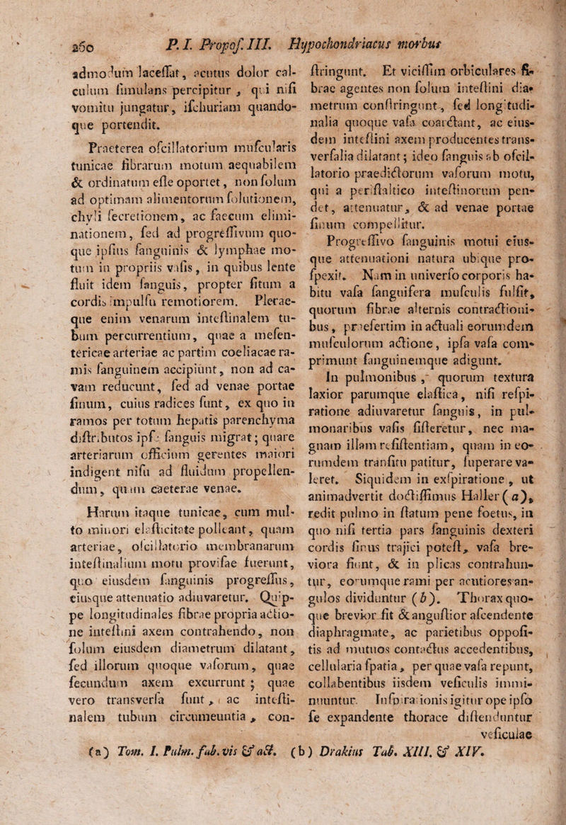 I 260 P. L Propof.IIL Hypochondriacus morbus admodum laceflat, acutus dolor cal¬ cii lom (imulans percipitur 9 qi i nifi vomitu jungatur, ifchuriam quando¬ que portendit. Praeterea ofcillatorium mufcularis tunicae iibrarum motum aequabilem & ordinatum efle oportet, non fokun ad optimam alimentorum foludonem, chyli fecretionem, ac faecum elimi¬ nationem , fed ad progreffivum quo¬ que ipfius (anguinis dc lymphae mo¬ tum in propriis vafis, in quibus lente fluit idem (anguis, propter fitnm a cordis impulfu remotiorem. Pierae- que enim venarum inteflinalem tu¬ bum percurrentium, quae a mefen- tericae arteriae acpartim coeliacae ra¬ mis fangutnem accipiunt, non ad ca¬ vam reducunt, fed ad venae portae finmn, cuius radices funt, ex quo in ramos per totum hepatis parenchyma difiribotos, ipfl (anguis migrat; quare arteriarum officium gerentes maiori c 1 indigent nifu ad fluidum propellen¬ dum, quun caeterae venae. Harum itaque tunicae, cum mul¬ to minori elaflicitate polleant, quam arteriae, olcillatorio membranarum inteflinaliuin motu provifae fuerunt, quo eiusdem fanguinis progreflus, ciusque attenuatio adiuvaretur. Quip¬ pe longitudinales fibrae propria adtio- ne inteflini axem contrahendo, non folum eiusdem diametrum dilatant, fed illorum quoque vaforum, quae fecundum axem excurrunt ♦ quae vero transverfa funt , ac intefli¬ nalem tubum circumeuntia 9 con- flringunt. Et viciffim orbiculares fit brae agentes non folum inteflini dia? metrum confringunt, fed longitudi¬ nalia quoque vafa coareflant, ac eius¬ dem inteflini axem producentes trans- verfalia dilatant; ideo fanguisab ofcil- latorio praedieflorum vaforum motu, qui a periflaltico inteflinorum pen¬ det, attenuatur, de ad venae portae (liium compellitur. Progrtffivo fanguinis motui eius- que attenuationi natura ubique pro- fpexit. Nam in imiverfocorporis ha¬ bitu vafa fanguifera mufculis fuifit, quorum fibrae alternis contracflioni- bus, priefertim inatfluali eorumdem mufculorum adione, ipfa vafa com¬ primunt fangtiinemque adigunt. In pulmonibus , quorum textura laxior parum que elaflica, nifi refpi- ratione adiuvaretur (anguis, in pul¬ monaribus vafis fifleretur, nec ma¬ gnam illam refiflentiam, quam in eo¬ rumdem tranfirn patitur, (operare va¬ leret. Siquidem in exfpiratione , ufc animadvertit docfliffimns- Halier(n), redit pulmo in flatum pene foetus, in quo nifi tertia pars fanguinis dexteri cordis finus trajici potefl^ vafa bre¬ viora fiunt, de in plicas contrahun¬ tor, eorumque rami per acutiores an¬ gulos dividuntur (#). Thoraxquo¬ que brevior fit deangufiior afeendente diaphragmate, ac parietibus oppofi- tis ad mutuos contatflus accedentibus, cellularia fpatia , per quae vaf a repunt, collabentibus iisdem veficulis immi¬ nuuntur. Infpiraiionis igitur ope ipfo fe expandente thorace diftenduntur veficuiae (a) Tam. /. Palm. fuLvis of a&, (b) Drakins Tab* Xlll. XIV•