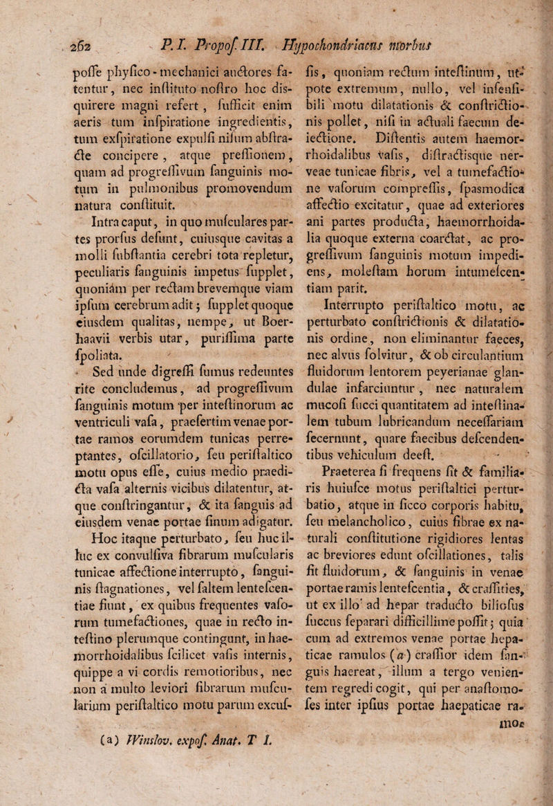 polfe phyfico- mechanici auctores fa¬ tentur, nec indituto nodro hoc dis¬ quirere magni refert , fufficit enim aeris tum infpiratione ingredientis, tum exfpiratione expulfi nilum abdra- de concipere , atque predlonem, quam ad progreffivum fanguinis mo¬ tum in pulmonibus promovendum natura condituit. Intra caput, in quo mufculares par¬ tes prorfus defunt, cuiusque cavitas a molli fubdantia cerebri tota repletur, peculiaris fanguinis impetus fupplet, quoniam per redam brevemque viam ipfum cerebrum adit; fupplet quoque eiusdem qualitas, nempe, ut Boer- haavii verbis utar, puriflinxa parte fpolinta. Sed unde digreffi fumus redeuntes rite concludemus, ad progrehivum fanguinis motum ‘per intedinorunt ac ventriculi vafa, praefertim venae por¬ tae ramos eorumdem tunicas perre¬ ptantes, ofcillatorio, feu peridaltico motu opus elfe, cuius medio praedi- da vafa alternis vicibus dilatentur, at¬ que conddngantur, & ita fanguis ad eiusdem venae portae finum adigatur. Hoc itaque perturbato, feu huc il¬ luc ex convulfiva fibrarum mufcularis tunicae affedione interrupto, fangui¬ nis dagnationes, vel faltem lentelcen- tiae fiunt, ex quibus frequentes vafo- rum tumefadiones, quae in redo in- tedino plerumque contingunt, in hae- morrhoidalibus fcilicet vafis internis, quippe a vi cordis remotioribus, nec non a multo leviori fibrarum mufcu- larium peridaltico motu parum excuf- (a) Wimlov. cxpof, Anat. T 1. fis, quoniam redum intedintlm, ut- pote extremum, nullo, vel infeafi- bili motu dilatationis & condridio- nis pollet, ni fi in aduali faecum de- iedione. Didentis autem haemor- rhoidalibus Vafis, didradisque ner- veae tunicae fibris, vel a tumefadio- ne vaforuin compreffis, fpasmodica affedio excitatur, quae ad exteriores ani partes produda, haemorrhoida- lia quoque externa coardat, ac pro¬ greffivum fanguinis motum impedi¬ ens, moledam horum intumelcen- tiam parit. Interrupto peridaltico motu, ac perturbato condridionis & dilatatio¬ nis ordine, non eliminantur faeces, nec alvus folvitur, & ob circulantium fluidorum lentorem peyerianae glan¬ dulae infarciuntur , nec naturalem mucofi fucci quantitatem ad intedina- lem tubum lubricandum necelfariam fecernunt, quare faecibus defcenden- tibus vehiculum deed. Praeterea fi frequens fit & familia¬ ris huiufce motus periflaltici pertur¬ batio, atque in ficco corporis habitu, feu melancholico, cuius fibrae ex na¬ turali conditutione rigidiores lentas ac breviores edunt ofcillationes, talis fit fluidorum, Sc fanguinis in venae portae ramis lentefcentia, & craffities, ut ex illo’ ad hepar tradudo biliofus luccus feparari difficillime poffir ; quia cum ad extremos venae portae hepa¬ ticae ramulos (« ) craffior idem fan-- guis haereat, illum a tergo venien¬ tem regredi cogit, qui per anadomo- fes inter ipfius portae haepaticae ra- mos