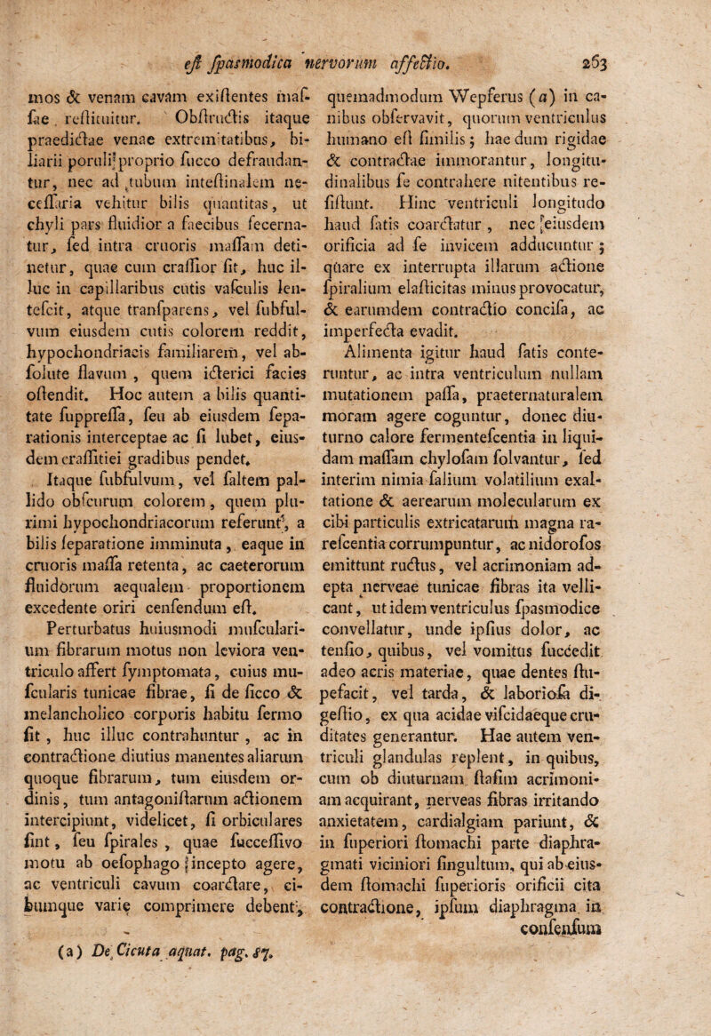 mos <5c venam cavam exigentes maf- fite , reftituitur.  Obflrudis itaque praedidae venae extremitatibus, bi- liarii porulijproprio fucco defraudan¬ tur, nec ad .tubum intefiinalem ne¬ ce flari a vehitur bilis quantitas, ut ehyli pars fluidior a faecibus fecerna- tur, fed intra cruoris maflam deti¬ netur, quae cum crafllor fit, huc il¬ luc in capillaribus cutis vafculis len- tefcit, atque tranfparens, vel fubful- vum eiusdem cutis colorem reddit, hypochondriacis familiarem, vel ab- folute flavum , quem iderici facies oflendit. Hoc autem a bilis quanti¬ tate fuppreflfa, feu ab eiusdem fepa- rationis interceptae ac fi lubet, eius¬ dem craflltiei gradibus pendet* Itaque fubfulvum, vel faltem pal¬ lido obrcurum colorem, quem plu¬ rimi hypochondriacorum referunt', a bilis leparatione imminuta ,. eaque in cmoris mafla retenta, ac caeterorum fluidorum aequalem * proportionem excedente oriri cenfendum efl* Perturbatus huiusmodi mufculari- um fibrarum motus non leviora ven¬ triculo affert fymptomata, cuius mu- fcularis tunicae fibrae, fi de ficco <5c melancholico corporis habitu fermo fit , huc illuc contrahuntur , ac in eontradione diutius manentes aliarum quoque fibrarum, tum eiusdem or¬ dinis , tum antagoniflarnm adionem intercipiunt, videlicet, fi orbiculares fint, feu fpirales , quae fucceflivo motu ab oefophago \incepto agere, ac ventriculi cavum coardare, ei- bumque varie comprimere debent:. quemadmodum Wepferus (n) in ca¬ nibus obfervavit, quorum ventriculus humano efl fimilis; haedum rigidae & contradae immorantur, longitu¬ dinalibus fe contrahere nitentibus re- fiflunt. Hinc ventriculi longitudo haud latis coardatur , nec [eiusdem orificia ad fe invicem adducuntur 5 qiiare ex interrupta illarum adioue fpiralium elafticitas minus provocatur, & earum dem contradio concifa, ac imperfeda evadit. Alimenta igitur haud fatis conte¬ runtur, ac intra ventriculum nullam mutationem pafla, prae terna t ur a 1 em moram agere coguntur, donec diu¬ turno calore fermentefcentia in liqui¬ dam maffam chylofam folvantur, led interim nimia falium volatilium exal¬ tatione & aerearum molecularum ex cibi particulis extricatarum magna ra- refcentia corrumpuntur, ac nidorofos emittunt rudus, vel acrimoniam ad¬ epta nerveae tunicae fibras ita velli¬ cant , ut idem ventriculus fpasmodice convellatur, unde ipfius dolor, ac tenfio, quibus, vel vomitus fucdedit adeo aeris materiae, quae dentes ftu- pefacit, vel tarda, & laboriofa di- geflio, ex qua acidae vifcidaeque cru¬ ditates generantur. Hae autem ven¬ triculi glandulas replent , in quibus, cum ob diuturnam ftafim acrimoni¬ am acquirant, nerveas fibras irritando anxietatem, cardialgiam pariunt, & in fuperiori flomachi parte diaphra¬ gmati viciniori fingultum, qui ab eius¬ dem flomachi fiiperioris orificii cita cofitradione, ipfum diaphragma, in confenfuui (a) De]Cicuta aqtiat, pag,<$7.