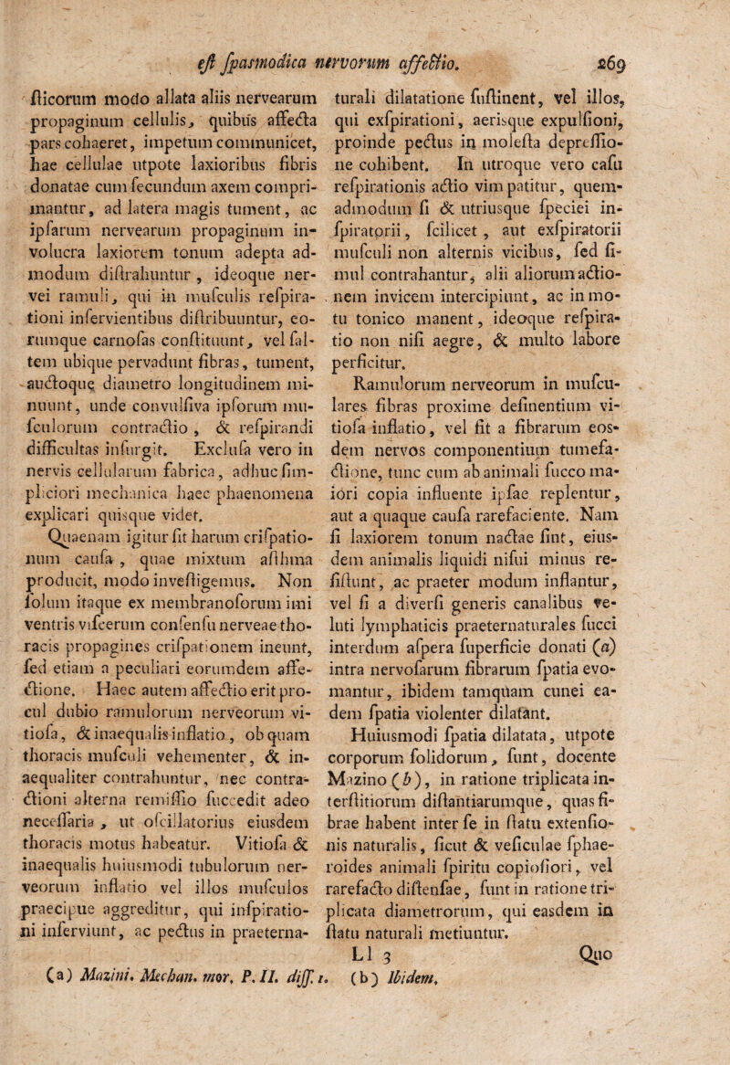 flicorum modo allata aliis nervearum turali dilatatione fuflinent, vel illos, propaginum cellulis, quibus affedla pars cohaeret, impetum communicet, hae cellulae utpote laxioribus fibris donatae cum fecundum axem compri* mantnr, ad latera magis tument, ac ipfarum nervearum propaginum in¬ volucra laxiorem tonum adepta ad¬ modum difflabuntur , ideoque ner- vei ramuli, qui in mufculis refpira- tioni infervientibus diflribuuntur, eo- rumque carnofas conflituunt, velfal- tem ubique pervadunt fibras, tument, audloque diametro longitudinem mi¬ nuunt, unde convulfiva ipforum imi- fciilorum contradlio , & refpirandi difficultas infurgit. Exclufa vero in nervis cellularum fabrica, adhuc fi tri¬ pliciori mechanica haec phaenomena explicari quisque videt. Quaenam igitur fit harum crifpatio- num caufa , quae mixtum aflhraa producit, modo invefligemus. Non lolum itaque ex membranoforum imi ventris vifcerum confenfunerveaetho- racis propagines crifpationem ineunt, fed etiam a peculiari eorumdem affe- dlione. Haec autem alfediio erit pro¬ cul dubio ramulorum nerveorum vi- tiofa, 6c inaequalis inflatio, ob quam thoracis mufculi vehementer, & in¬ aequaliter contrahuntur, nec contrr- dlioni alterna remiffio fuccedit adeo neceflaria , ut ofcillatorius eiusdem thoracis motus habeatur. Vitiofa & inaequalis huiusmodi tubulorum ner¬ veorum inflatio vel illos mufculos praecipue aggreditur, qui infpiratio- ni inferviunt, ac pedtus in praeterna- (a) Matini, Mechan. mor, P.IL diJJl qui exfpirationi, aerisque expulfioni, proinde pedtus in molefla depreffio- ne cohibent. I11 utroque vero cafu refpirationis adtio vim patitur, quem¬ admodum fi & utriusque fpeciei in- fpiratprii, fcilicet , aut exfpiratorii mufculi non alternis vicibus, fed fi- mul contrahantur5 alii aliorumadtio- . nem invicem intercipiunt, ac in mo¬ tu tonico manent, ideoque refpira- tio non. nili aegre, dc multo labore perficitur. Ramulorum nerveorum in mufcu- lares fibras proxime definentium vi- tioia inflatio, vel fit a fibrarum eos¬ dem nervos componentium tumefa- dtione, tunc cum ab animali fucco ma¬ iori copia influente ipfae replentur, aut a quaque caufa rarefaciente. Nam li laxiorem tonum nadtae fint, eius¬ dem animalis liquidi nifui minus re- fifiunt, ac praeter modum inflantur, vel fi a diverfi generis canalibus ve- luti lymphaticis praeternaturales fucci interdum afpera fuperficie donati (a) intra nervofarum fibrarum fpatia evo¬ mantur, ibidem tamqUam cunei ea¬ dem fpatia violenter dilatant. Huiusmodi fpatia dilatata, utpote corporum folidorum, funt, docente Mazino Qh), in ratione triplicata in¬ terfiniorum difiantiarumque, quas fi¬ brae habent inter fe in flatu extentio¬ nis naturalis, ficut & veficulae fphae- roides animali fpiritu copiofiori,. vel rarefacio diflenfae, funt in ratione tri¬ plicata diametrorum, qui easdem in flatu naturali metiuntur. L1 3 . (b ) Ibi deni' Quo