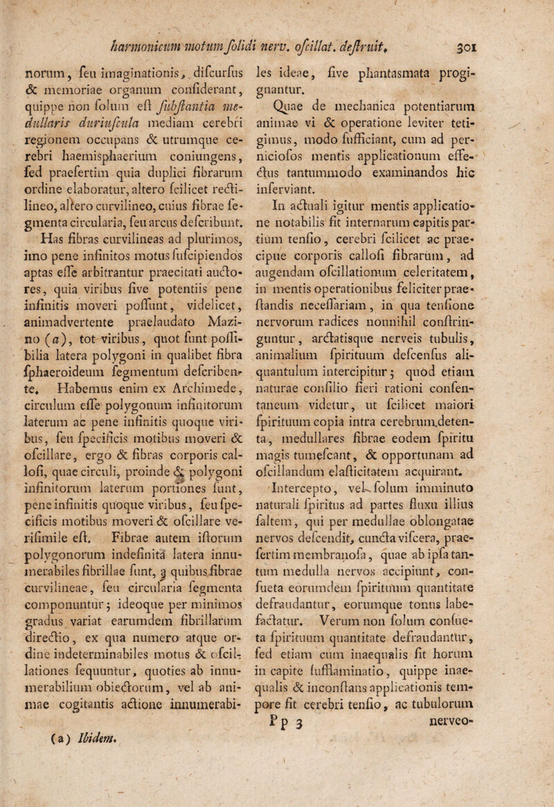norum, feu imaginationis „ vdifcurfus <5c memoriae organum coilfiderant, quippe non folum e fi fubfiantia me¬ dullaris duriufcula mediam cerebri regionem occupans 6c utrumque ce¬ rebri haemisphaerium coniungens, fed praefertim quia duplici fibrarum ordine elaboratur, altero fcilicet redi- lineo, altero curvilineo, cuius fibrae fe- gmenta circularia, feu arcus defcribunt. Has fibras curvilineas ad plurimos, imo pene infinitos motus fufcipiendos aptas effe arbitrantur praecitati aucto¬ res, quia viribus five potentiis pene infinitis moveri poliunt, videlicet, animadvertente praelaudato Mazi- no («), tot viribus, quot funt pofli- bilia latera polygoni in qualibet fibra fphaeroideum fegmentum defcribem te* Habemus enim ex Archimede, circulum effe polygonum infinitorum laterum ac pene infinitis quoque viri¬ bus, feu fpecificis motibus moveri & ofcillare, ergo & fibras corporis cal- lofi, quae circuli, proinde & polygoni infinitorum laterum portiones funt, pene infinitis quoque viribus, feu fpe¬ cificis motibus moveri & ofcillare ve- rifimile eft. Fibrae autem ifiorum polygonorum indefinita latera innu¬ merabiles fibrillae funt, % quibus fibrae curvi lineae, feu circularia fegmenta componuntur j ideoque per minimos gradus variat earum dem fibrillarum diredio, ex qua numero atque or¬ dine indeterminabiles motus & ofcil- lationes fequuntur, quoties ab innu¬ merabilium obi edlorum, vel ab ani¬ mae cogitantis adione innumerabi¬ les ideae, five phantasmata progi¬ gnantur. ae de mechanica potentiarum animae vi Sc operatione leviter teti¬ gimus, modo fufficiant, cum ad per- niciofos mentis applicationum effe- dus tantummodo examinandos hic inferviant. In aduali igitur mentis applicatio¬ ne notabilis fit internarum capitis par¬ tium tenfio, cerebri fcilicet ac prae¬ cipue corporis callofi fibrarum, ad angendam ofcillationum celeritatem, in mentis operationibus feliciter prae- ftandis necefiariam, in qua tenflone nervorum radices nonnihil confirin- guntur, ardatisque nerveis tubulis, animalium fpirituum defcenfus ali¬ quantulum intercipitur 5 quod etiam naturae confilio fieri rationi confen- taneum videtur, ut fcilicet maiori fpirituum copia intra cercbruimdeten- ta , medullares fibrae eodem fpiritu magis tumefcant, & opportunam ad ofcillandum elafiicitatem acquirant. Intercepto, vekfolum imminuto naturali fpiritus ad partes fluxu illius faltem , qui per medullae oblongatae nervos defcendit, eunda vifcera, prae¬ fertim membranofa, quae ab ipfa tan¬ tum medulla nervos accipiunt > con¬ flicta eorumdem fpirituum quantitate defraudantur, eorumque tonus labe- fadatur. Verum non folum conflic¬ ta fpirituum quantitate defraudantur, fed etiam cum inaequalis fit horum in capite fufflaminatio, quippe inae¬ qualis & inconfians applicationis tem¬ pore fit cerebri tenfio, ac tubulorum P p 3 nerveo- 1 / (a) Ibidem, 1
