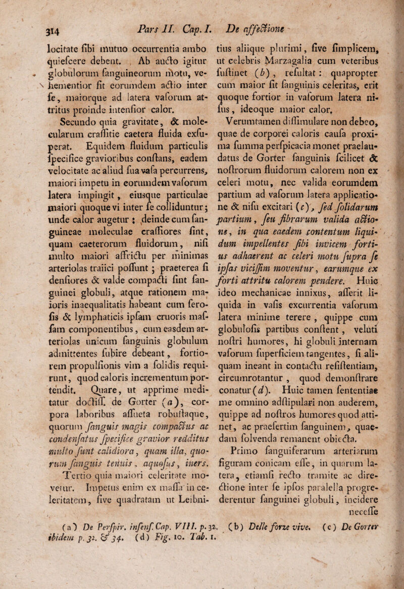 locitate fibi mutuo occurrentia ambo quiefcere debent. , Ab audio igitur globulorum fanguineorum niotu, ve- hementior fit eorumdem adio inter fe, maiorque ad latera vafonun at- tritus proinde intenfior calor. Secundo quia gravitate, & mole- cularum crafiitie caetera fluida exfu- perat. Equidem fluidum particulis ipecifice gravioribus conflans, eadem velocitate ac aliud fuavafa percurrens, maiori impetu in eorumdem vaforum latera impingit, eiusque particulae maiori quoque vi inter fe colliduntur \ unde calor augetur : cie in de cum fan- guineae moleculae cralfiores fint, quam caeterorum fluidorum, nifi multo maiori affridu per minimas arteriolas traiici pofliint ; praeterea fi denfiores <5c valde compadi fint fan- guinei globuli, atque rationem ma¬ ioris inaequalitatis habeant cum fero- fis & lymphaticis ipfam cruoris maf- fam componentibus, cum easdem ar¬ teriolas unicum (anguinis globulum admittentes fubire debeant, fortio¬ rem propulfionis vim a folidis requi¬ runt , quod caloris incrementum por¬ tendit. Quare, ut apprime medi¬ tatur dodiffi de Gorter (a), cor¬ pora laboribus afflicta robuflaque, quorum fanguis magis compaffius ac condenfatus fpecifice gravior redditus ‘multo jimt calidiora, quam illa, quo¬ rum fanguis tenuis, aqmfus, iners. Tertio quia maiori celeritate mo¬ vetur. Impetus enim ex maffli in ce¬ leritatem, five quadratam ut Leibni- tius aliique plurimi, five fimplicem, ut celebris Marzagalia cum veteribus luflinet (£) , refultat : quapropter cum maior fit fanguinis celeritas, erit quoque fortior in vaforum latera ni- fus, ideoque maior calor. Verumtamen diffimulare non debeo, quae de corporei caloris caufa proxi¬ ma fumma perfpicacia monet praelau- datus de Gorter fanguinis fcilicet & noflrorum fluidorum calorem non ex celeri motu, nec valida eorumdem partium ad vaforum latera applicatio¬ ne & nifu excitari (r), fed jolidarum partium, feu fibrarum valida afitio* ne, in qua eaedem contentum liqui¬ dum impellentes fibi invicem forti¬ us adhaerent ac celeri motu fupra fe ipfas viciffim moventur, earumque ex forti attritu calorem pendere. Huic ideo mechanicae innixus, afferit li¬ quida in vafis excurrentia vaforum latera minime terere , quippe cum globutofis partibus conflent, veluti noflri humores, hi globuli internam vaforum fuperficiem tangentes, fi ali¬ quam ineant in contadu refifientiam, circumrotantur , quod demonflrare conatur (d). Huic tamen fententiae me omnino adflipulari non auderem, quippe ad nofiros humores quod atti¬ net, ac praeferdm fanguinem, quae¬ dam folvenda remanent obieda. Primo (anguiferarum arteriarum figuram conicam efle, in quarum la¬ tera 5 etiamfi redo tramite ac dire- dione inter fe ipfos paralella progre¬ derentur fanguinei globuli, incidere neceffle (a*) De Perfpir. infenf Cap. VIII. p.p,, (b) De/le forze vive* (c) De Gorter ibidem p. 32. & 34. (d) Fig* 10. Tab. i*