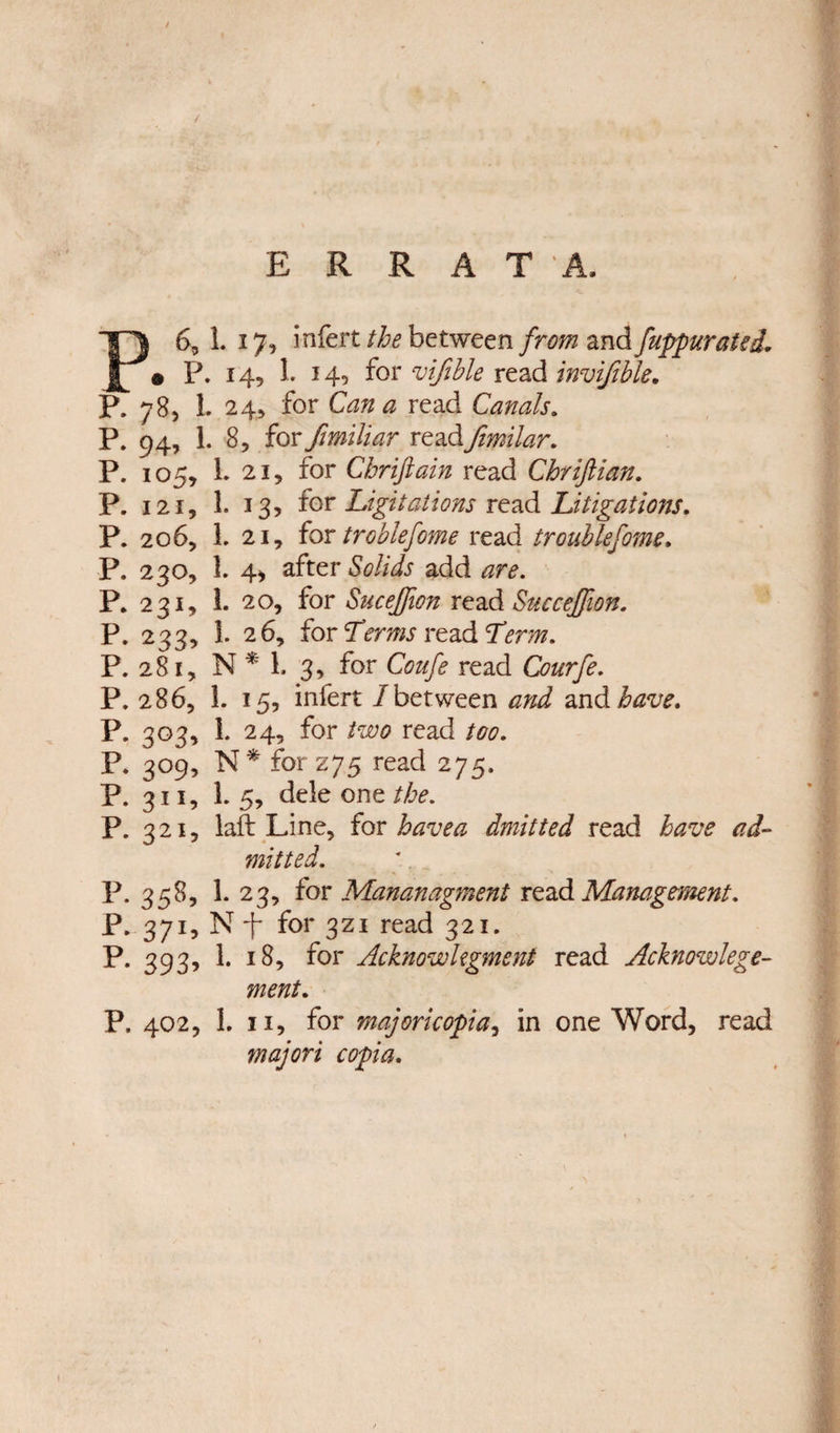ERRATA, P6, L 17, infert the between from and fuppuratei. • P. 14, L 14, for vifible read invijible. P. 785 1. 245 for Gztz a read Canals. P. 94, 1. 8, for fmiliar readfimilar. P. 105, L 21, for Chriftain read Chriftian. P. 121, 1. 135 for Ligitations read Litigations. P. 20 6, L 21, for treblefome read troublefome. P. 230, 1. 4) after &amp;?//&lt;&amp; add are. P, 231, 1. 20, for Sucejfion read Succejfion. P. 233, 1. 26, for Terms read Term. P. 281, N * 1. 3, for Coufe read Courfe. P. 286, 1. 15, infert /between and and have. P. 303, L 24, for two read too. P. 309, N* for 275 read 275. P. 311, 1. 5, dele one the. P. 321, laft Line, for havea dmitted read have ad¬ mitted. P. 358, 1. 23, for Mananagment read Management. P..371, Nf for 3Z1 read 321. P. 393, 1. 18, for Acknowhgment read Acknowlege- ment. P. 402, 1. 11, for majoricopia, in one Word, read majori copia.