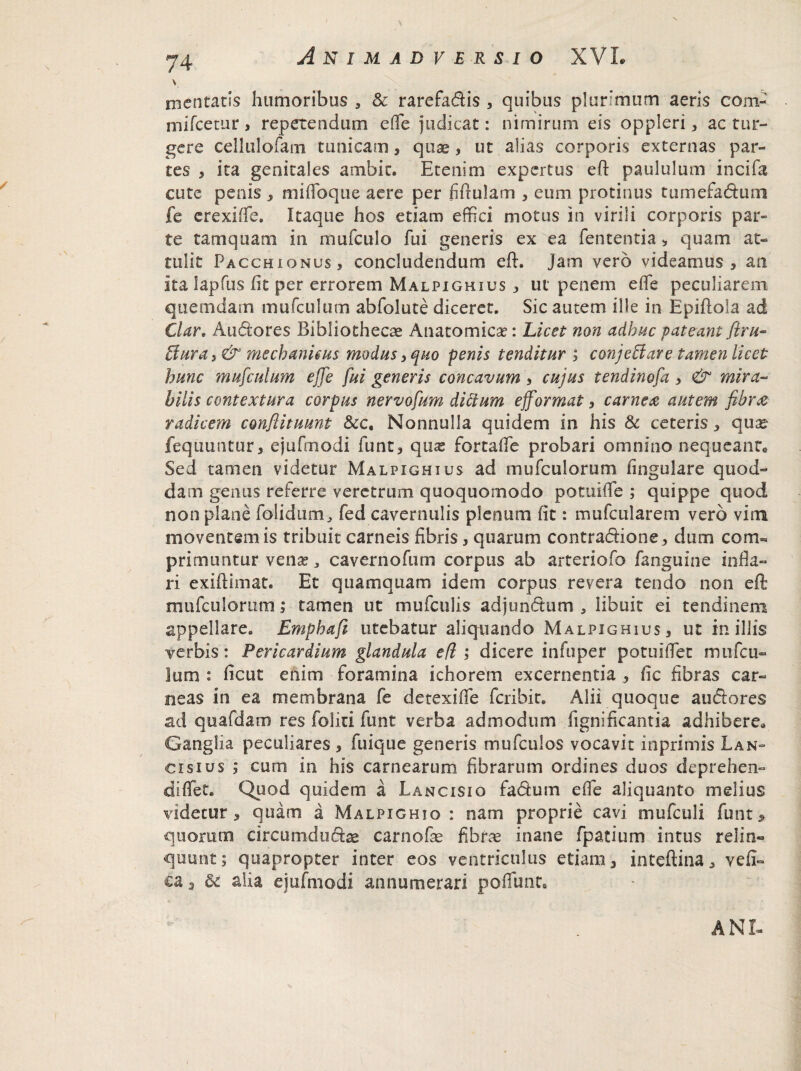mentatis humoribus , & rarefadis , quibus plurimum aeris com- mifcetur > repetendum effie judicat: nimirum eis oppleri, ac tur¬ gere cellulofam tunicam, quae, ut alias corporis externas par¬ tes , ita genitales ambit. Etenim expertus eft paululum incifa cute penis , mifloque aere per fiftulam , eum protinus tumefadum fe erexiffe. Itaque hos etiam effici motus in virili corporis par¬ te tamquam in mufculo fui generis ex ea fententia > quam at¬ tulit Pacchionus, concludendum eft. Jam vero videamus , an ita lapfus fit per errorem Malpighius , ut penem efle peculiarem quemdam mufculum abfolute diceret. Sic autem ille in Epiftola ad Clar, Audores Bibliothecae Anatomica?: Licet non adhuc pateant flru- Bura, & mechanicus modus, quo penis tenditur ; conjeffiare tamen licet hunc mufculum effie fui generis concavum, cujus tendinofa , & mira¬ bilis contextura corpus nervofum ditium ejformat , carnea autem fibra radicem confiituunt &c. Nonnulla quidem in his & ceteris, quae fequuntur, ejufmodi funt, qua; fortaffie probari omnino nequeant. Sed tamen videtur Malpighius ad mufculorum lingulare quod¬ dam genus referre veretrum quoquomodo potuifte ; quippe quod non plane folidum, fed cavernulis plenum fit: mufcularem vero vim moventem is tribuit carneis fibris, quarum contradione, dum com¬ primuntur vena; , cavernofum corpus ab arteriofo fanguine infia- ri exiftimat. Et quamquam idem corpus revera tendo non eft: mufculorum; tamen ut mufculis adjundum , libuit ei tendinem appellare. Emphafi utebatur aliquando Malpighius, ut in illis verbis: Pericardium glandula e fi ; dicere infuper potuiftet mufcu¬ lum : ficut enim foramina ichorem excernentia , fic fibras car¬ neas in ea membrana fe detexifte fcribit. Alii quoque audores ad quafdam res folid funt verba admodum fignificantia adhibere.» Ganglia peculiares, fuique generis mufculos vocavit inprimis Lan¬ osius ,* cum in his carnearum fibrarum ordines duos deprehen- diffet. Quod quidem a Lancisio fadum effie aliquanto melius videtur, quam a Malpighio : nam proprie cavi mufculi funt* quorum circumdudae carnofas fibrae inane fpatium intus relin¬ quunt; quapropter inter eos ventriculus etiam, inteftina, vefi- ca3 & alia ejufmodi annumerari poffunt.