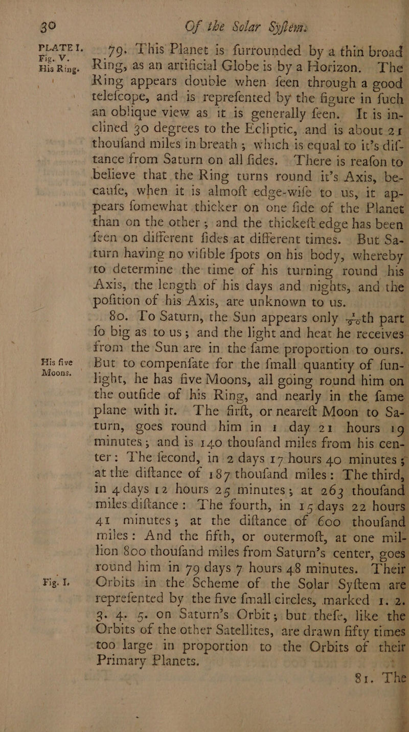 39 PLATET, Fig. V. His Ring. His five Moons. | Fig. I. Of the Solar Syfems 79. This Planet is furrounded by a thin broad. Ring, as an artificial Globe is by a Horizon, The Ring appears double when. feen through a good telefcope, and is reprefented by the figure in fuch an oblique view as it is generally feen. It is in- clined 30 degrees to the Ecliptic, and is about 21 thoufand miles in breath ; which is equal to it’s dif- tance from Saturn on all fides. ‘There is reafon to caufe, when it is almoft edge-wife to us, it ap- pears fomewhat thicker on one fide of the Planet than on the other; and the thickeft edge has been feen on different fides at different times. But Sa- to determine the time of his turning round his Axis, the length of his days and nights, and the pofition of his Axis, are unknown to us. — 7 80. To Saturn, the Sun appears only -¢.th part fo big as tous; and the light and heat he receives from the Sun are in the fame proportion.to ours. But to compentfate for the {mall quantity of fun- light, he has five Moons, all going round him on the outfide of his Ring, and nearly in the fame plane with it. The firft, or neareft Moon to Sa- turn, goes round him in 1 day 21 hours 19 minutes; and is 140 thoufand miles from his cen- ter: The fecond, in 2 days 17 hours 40 minutes 5 at the diftance of 187 thoufand miles: The third, in 4days 12 hours 2g minutes; at 263 thoufand mules diftance: The fourth, in 15 days 22 hours 41 minutes; at the diftance of 600 thoufand miles: And the fifth, or outermoft, at one mil- lion 800 thoufand miles from Saturn’s center, goes round him in 79 days 7 hours 48 minutes. Their Orbits in the Scheme of the Solar Syftem are reprefented by the five {mall circles, marked 1. 2. 3. 4. 5. On Saturn’s Orbit; but thefe, like the Orbits of the other Satellites, are drawn fifty times too large in proportion to the Orbits of their Primary Planets. ah 81. The
