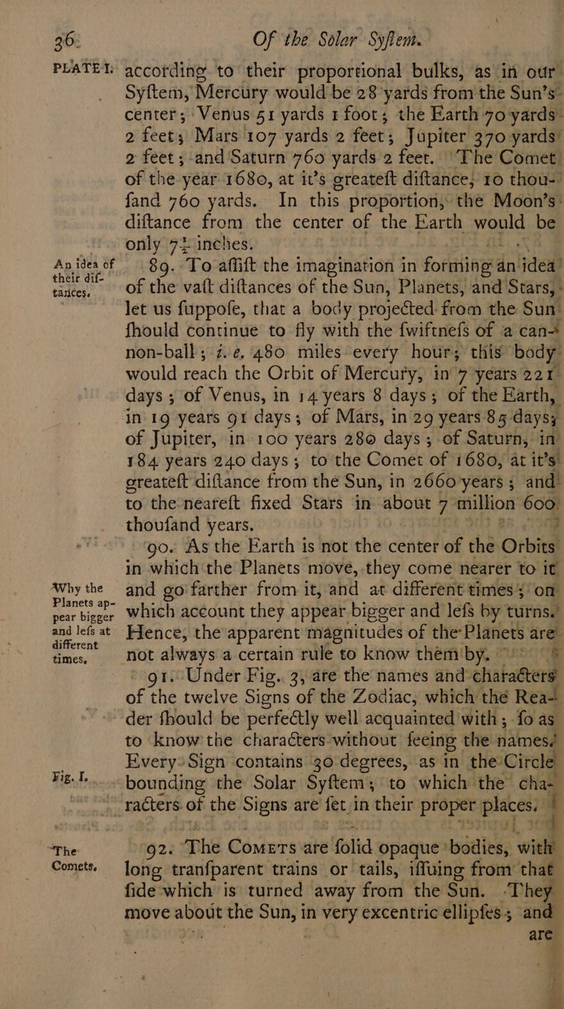 PLATE: An idea of their dif- tarices. AWhy the Planets ap- pear bigger and lefs at different times, Fig. I. according. to their proportional bulks, as in our Syftem, Mercury would be 28 yards from the Sun’s- center; Venus 51 yards rfoot; the Earth 7o yards. 2 feets Mars 107 yards 2 feet ; Jupiter 370 yards’ 2 feet ; and Saturn 760 yards 2 feet. ‘The Comet of the year 1680, at it’s createft diftance, 10 thou- fand 760 yards. In this proportion, the Moon’s- diftance from the center of the Earth ould be only 7% inches. 89. To affift the imagination in forming an: lide of the vatt diftances of the Sun, Planets, and Stars, : let us fuppofe, that a body projected from the Sun fhould continue to fly with the {wiftnefs of a can- non-ball; ze, 480 miles every hour; this body would reach the Orbit of Mercury, in 7 years 221 days ; of Venus, in 14 years 8 days; of the Earth, of Jupiter, in 100 years 280 days ; of Saturn, in 184 years 240 days; to the Comet of 1680, at it’s’ greateft diftance from the Sun, in 2660 years ; and. to the neareft fixed Stars in about 7 million 600. thoufand years. 3 go. As the Earth is not the center of the Orbits in which the Planets move, they come nearer to it and go'farther from it, and at different times son which account they appear bigger and lefs by turns.’ Hence, the apparent magnitudes of the Planets are! not always a certain rule to know them by. © * gt. Under Fig.. 3, are the names and’ chatatters of the twelve Siens of the Zodiac, which the Rea der fhould be perfectly well acquainted with ; fo as to know the characters without feeing the namesé Every» Sign contains 30 degrees, as in the Circle bounding the Solar Syftem, to which the cha- “The Comets, 92. The Comers are folid Opaque bodies, with long tranfparent trains or tails, iffuing from that fide which is turned away from the Sun. -They move about the Sun, in very excentric ellipfes; and are