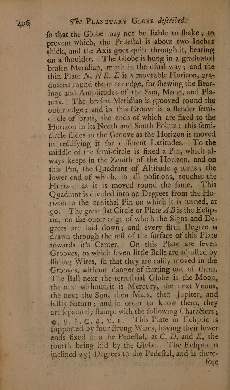 ~~ fl rs ar thick, and the Axis goes quite through it, bearing ona fhoulder. The Globe is hung in a graduated brafen Meridian, much in the ufual way and the ings and. Amplitudes of the,Sun, Moon, and Pla: nets. The brafen Meridian is grooved round the outer edge; and in this Groove is a flender femi- circle of brafs, the ends of which are fixed to the Horizon in its North and South Points: this femi-; in rectifying it for different Latitudes. To the middle of the femi-circle is fixed a Pin, which al- ways keeps in the Zenith of the Horizon, and on this Pin, the Quadrant of Altitude g turns; the lower end of which, in all pofitions, touches the Horizon as it is moved round the fame. This rizon to the zenithal Pin on which it is turned, at erees are laid down; and every fifth Degree is towards it’s Center. On this Plate are feven Grooves, to which feven little Balls are adjufted by fliding Wires, fo that they are eafily moved in the Grooves, without danger of ftarting out of them. the next withoutzit is. Mercury, the next Venus, the next the Sun, then Mars, then Jupiter, and laftly Saturn; and in order to know them, they are feparately ftampt with the following Charaéters ; @; ‘ ; {upported by four flrong Wires, having their lower ends fixed inro the Pedeftal, at C, D, and Z, the fourth being hid by the Globe. The Ecliptic is _ fore ~