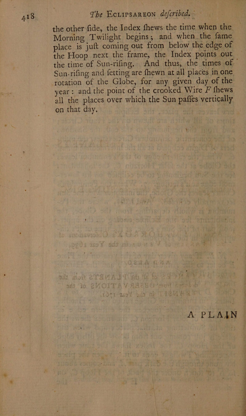 Morning Twilight begins; and when the fame place is juft coming out from below the edge of the Hoop next the frame, the Index points out Sun-rifing and fetting are fhewn at all places in one rotation of the Globe, for any given day of the year: andthe point of the crooked Wire F fhews all the places over which the Sun pafies vertically on that day. ¢ oe eo