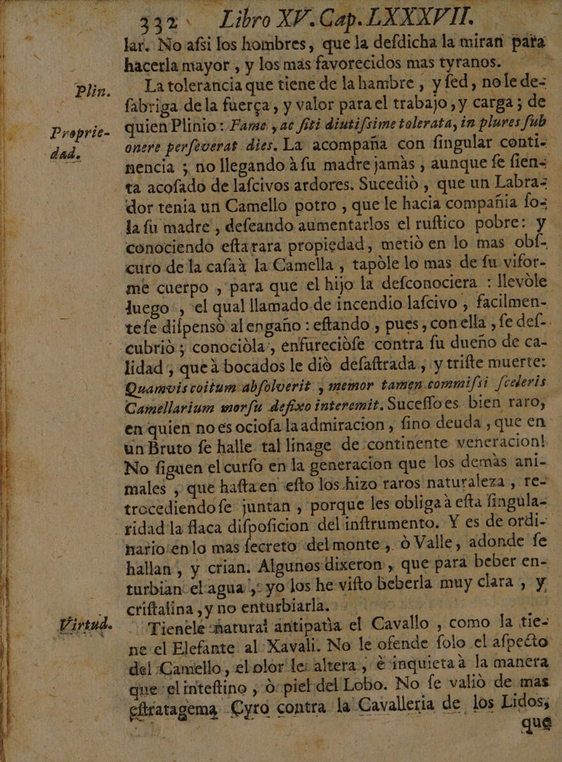 ¡ a .Plin. Proprie- dad, e ! Í Virtud. á A 332 Libro XV.Cap.LXXXVIL. lar. No afsi los hombres , que la defdicha la miran pata. hacerla mayor , y los más favorecidos mas tyranos. Le La tolerancia que tiene de la hambre , y fed, no le de= fabriga dela fuerca, y valor para el trabajo , y carga; de quien Plinio: Fame , ac /381 diutifsime tolerata, in plures fub onere perfeveras dies. La acompaña con fingular conti= nencia 3. no llegando afu madre jamás , aunque fe lien= ta acofado de lafcivos ardores. Sucedió , que un Labra= dor tenia un Camello potro , que le hacia compañía fo= conociendo eftarara propiedad, metió en lo mas obf= curo dela cafax la Camella , tapole lo mas de fu vifor- mé cuerpo , para que el hijo la defconociera : levole. Juego, el qual llamado de incendio lafcivo , facilmen- lidad ¿ que 2bocados le dío defaftrada, y trifte muerte: Quamvis coitum abfolverit y memor tamen commifsi fceleris Camellarium wmorfu defisco interemit. Sucefloes bien raro, en quien noes ociofa la admiracion, fino deuda , que en: males , que haftaen efto los hizo raros naturaleza , re- trocediendofe juntan , porque les obliga a efta fingula= mariosén lo mas lecreto del monte, 0 Valle, adonde fe hallan, y crian. Algunos dixeron , que para beber en- turbian. elagua',: yo los he vifto beberla muy clara, y criftalina , y no enturbiarla... $ 2d  Tienele harural ántipatila el Cavallo , como la tie= ne el Elefante al: Xavali. No le ofende folo el afpelto “del Camello, el olor le: altera, € inquictaa la manera | que el inteftino , Or piel:del Lobo. No le valio de mas cftiatagema Cyro contra la Cavalleria de, los Lidos; A | que