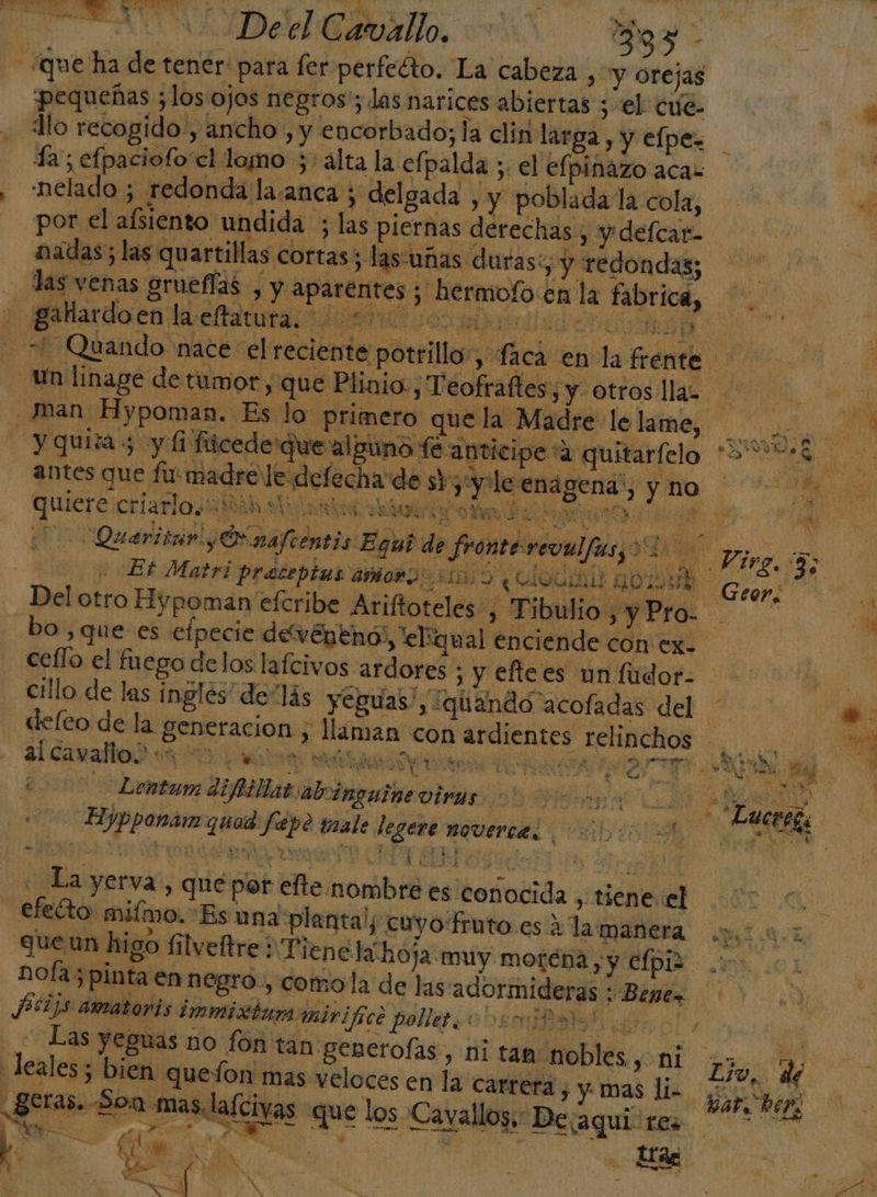 RESTAN DAA Eo, e 70 ¿que ha de tener: para fer perfecto. La cabeza , y orejas pequeñas ¿los ojos negros; las narices abiertas ;-el cue Ho recogido-, ancho , y encorbado; la clin larga , y elpe- la; efpaciofo el lamo ;'álta la efpalda ;. el efpinazo acas -nelado ; redonda la.anca ; delgada » y poblada la cola, por el afsiento undida ; las piernas derechas, y defcar- nadas; las quartillas cortas; las-uñas duras:, y redondas; las venas gruefías &gt; y aparentes ; hermofo en la fabrica, + | gallardo en la-eftatura. AO sde - +2 Quando nace el reciente potrillo: y ofacd enla frene un linage de tumor , que Pli nio, Teo frallenyo btios po , ran Hypoman. Es lo primero que la Madre le lame, y quiza 5 y 6 ftcedeque alguno fe anticipe a quitarfelo E 7-E antes que fu: madre le defecha de s+y:yle o quiere criario. ea baW a ARS ae do E Quiriian Oy afiéntis | Et Matri Pracepta sañionoo o ¿alo aos no Del otro Hypoman eftribe Ariftoteles, Ti bulio, y Pro- 14 AR bo ,que es efpecie de'vépeno!, 'eliqual enciende cOn EX cello el fuego delos lafcivos ardores ; y eftees un fudor- cillo de las inglés de“lás yeguas”, quando acofadas del - deleo de la generacion , llaman con ardientes relinchos MNR alcamallods Do EN PSA OIT ON Lo 00 &gt; Lentum difillat abinguineviras IA de Hypponam quad fápo inale legere ROVELCAL Pa &gt; , Lucecñ, | La yerva., que por efte nombre es conocida , tiene el electo miímo. Es una planta! ¿ cuyo fruto es 2 la manera dae Un higo filveftre ¿Piene lá hoja muy morena, y efpiz nota 5 pinta en negr o, comola de las'adormideras : Beges PEA amatoris imitar mivifici pollera | Las yeguas no 10n tan generofas, ni tan nobles Pai op de leales; bien quelon mas veloces en la carrera, y mas li e AS Setas. Bon mas lalciyas que los Cavallog. Decaquiires 0 0 : E ES 4 Lo a . Has A y