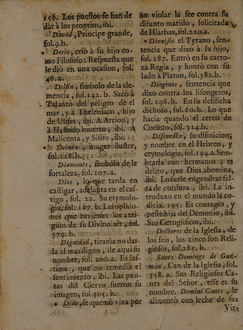 ds ds A pllds pio sd | fai dara los prof riosy ibi. 0! +! Dhvid: «Principe grande, el Decio, ¡crió Acá hijo co- mo Filofofo -Refpuefta que | ledio: 'en una ecafiony! «fol. F Pad A a chisin mencia, fol.142.b. Saco:a Palañtó: «del' peligro de el mar , y.a «Theleníaco: y hijo de Ulifes:; ibi.A Arrionj y A Heltoidomuerros; Ibi. sA . Debotacs y inugero iluftre, Sol HIS gEs: Jota Diamante, fimbolo Pci fortaleza, fol. 107.4. Dios , lo-que tarda en caltigar , adel antaen el cal tigo , fol. 22. Suetymolo- giapfoloi 167.b:Lasopínio- aes que ¡tuvierónolos anti- “guos de: xs Divinolsér e. an. bet A 2 3 aii tirama no da la al masdigno y de aquiíu -nombre; fol: zoo. a: Eslaf- stima ¡y que: ino*temedia: el pe tas coord par fac fa DE Y q? $9) goal la: fee contra fu difunto. marido; A: de Hiarbas, fol:z20:2. «+ Dionifío el: Tyrano, ¡dal fol. 187. Entró en fu carro=. za Regia , y hontó con: ES “Diogenes y fentencia boe | dixo contra:los lifongerosy' fol.298.b. Enfu defdicha” . dichofo., fol.60:b..Lo que- hacia: quando “él. cerco de: Chdibrodidl. 2rqibimo” “«Difrordia:, fu: dlisicioia y nombre en el Hebreo, y _etymologia, fol.194.a. Sem- brarlalcón+hermanos”5e5 delito , que Dios abomina, ibi. Lolfuele engendrar! fal- «a de cordtira:) ibi. La in troduxo en el anda la co- ¿peltehiza del Demonio, Ibi. ese Geroglificos, ibi: + «Dottores dela Iglefia «de pr: feis, los cinco e Reli- «giofós,. fol.285+ b. a Santo Domingo de Gués «inón. Cao de la Iglefia +fol. 38.2. Sus Religiofos Ca- ¿nes del: Señor. efe es fu - nombre. Domini Canes y le IS: con: leche de fas Vita