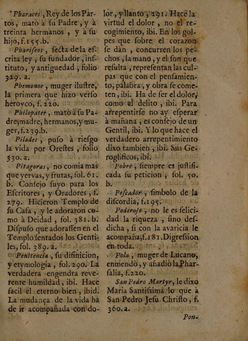 % 105, mato a Lu Padre, y 2 treinta hermanos , ye a lu hijo, £ A “Pbavifeos , Ráadela ef ] crita ley, fu fundador, inf: tituto, y eri ea y folio 329. ATA GI Phemonoc , muger Jaftrej la primera que hizo verío heroyco, f. 10) 19: Heamol drezmadre, TZ mu- ger,f.239.b. h Pilades', pulo a' rielgo la vida por: po Ar $30.42:01 40 8.101, 29bsl Pitagoras y 'no comia mas que yervas, y frutas, fol. 61. -b. Confejo fuyo: para los Efcritores:; y Oradores ;' El 279. Hicieron Templo de fu Caía', y le adoraron ce- mo á Deidad , fol. 381.b: Difputo que adoraflen en el Templo fentados los Gentk les, fol. 389.4:861 ¡Ler2ob OPenitencia . e dificion ) y erymolopia,, fol.290.La verdadera engendra reve- rente humildad, ,1b1. Hace - facil el. éterno*bien, ibid. LA mudanga de la vida ha de j 7 aiJeroa ind E co la: cogimiento, ibi. En los gol. pes que fobre el corazon fe dan , concurren log: pek refulta,, /¡reprefentan las culo pas: que con el penfamien- to; palabra: y obra fe come- ten,ibi. Ha de fer el dolor, como el'“delito , ibi. Para. a mañana ¡es confejo de ur: Gentil, ibi. Y lo que hace el verdadero arrepentimiento dixo tambien 3: 1b1 Sus Ge: roglificos; ina Pobre; fenipre es ¡oñit &gt; Pefeadar Aimbolo de ja Podero/ó ¿no e es bielici | dad la riqueza, fino def- dicha, fi con la avaricia le acompañas. 181 -Digrefsion ehtoda gine yl e socio «Pola y 'muger vdes Lucano; enmendo, y' añadió laPhar- lali, £izaos! Dia | San Pedro Martyr, le dixo Maria Santifsimalo que a SanPedro Local Chrifto , 5, sem [AA : pa