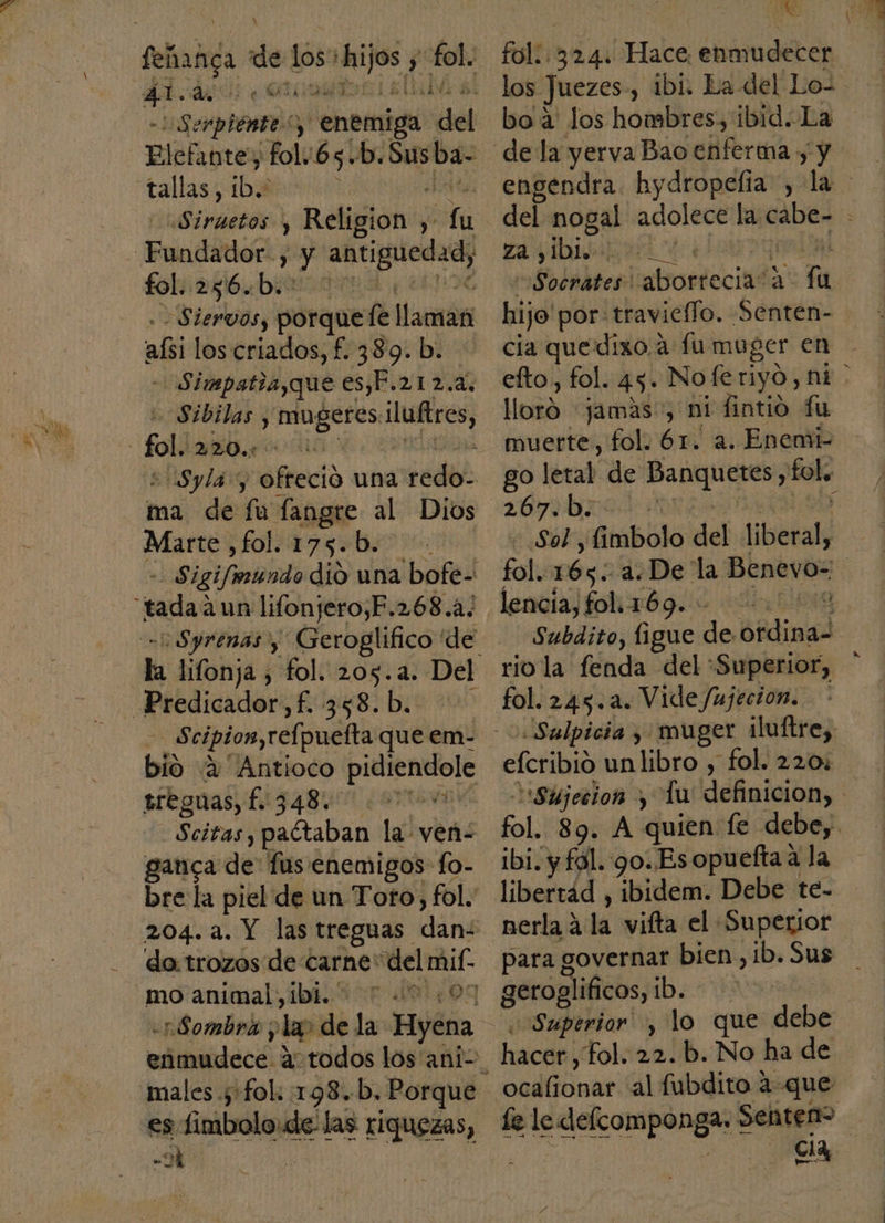 e dl e Serptenris, “enemiga sad: Pitlattes Pol. 65. b. Sus ba- “tallasí iba Siruetos » Religión; y sf fol. 256..b.- adi los criados, £. 389. b. Simpatia,que es, Eto Sibilas , arce his ma de fu fangre al Dios Marte ,fol. 175.b. ha lifonja , fol. 205.2. Del bi ¿a Antioco Doo sreguas, f. 348. Scitas, pactaban la ven ganca de fusenemigos fo- bre la piel de un Toro, fol. do trozos de carne: del mif- males fol: 198..b. Porque es fimbolo.de las riquezas, E PE folt: 324: Hace: enmudecer los Juezes., ibi. La del Lo“ boa los hombres, ibid. La za »ibi, bart 4 Socrates labrortaciód: a Ri hijo por: traviello. Senten- cia quedixo a fu muger en lloró jamas, ni fintió fu muerte, fol. 6r. a. Enemi- 267.b. e Sol tabla del liberal, rio la fenda del : Superior, efcribio un libro , fol. 220% ibi. y £31.-90..Es opuefta a la libertad , ibidem. Debe te- nerla a la vifta el Superior para governar bien ,1b.Sus geroglificos, Din Superior”, lo que debe hacer, fol. 22. b. No ha de ocalionar al fubdito aque cia