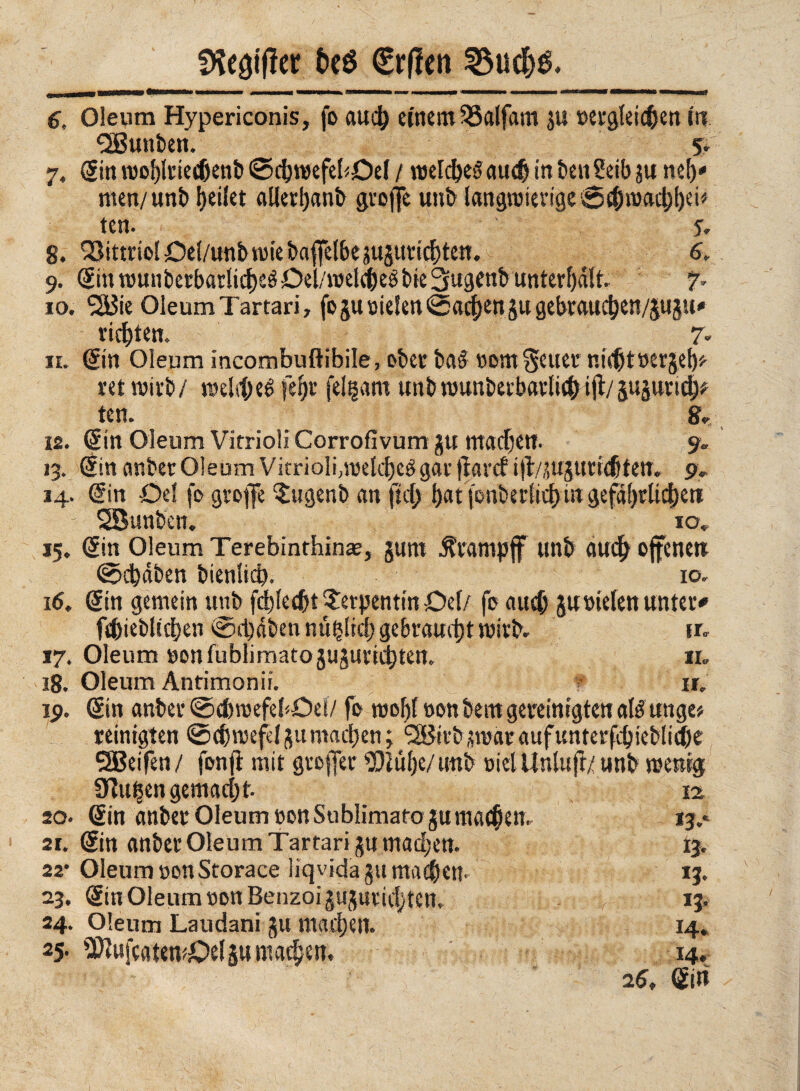 / fKe^fier Né €rf!en 6, Oleum Hypericonis, fo auch einem SSalfam ju vergleichen iti Junten. 5. 7« Sin vuoljlriechent» @chrcefebDel / weichet auch in ben Seib ju neh' men/unb heilet allerhanb groflfe unb langmievigecScbmachhei* ten. ' 5. 8. l$ittriolDel/unbroiebaffe{bepgutichten.- 6. 9. Sin nmnbetbarliche^Del/roelc&eébieSugenb unterhalt. 7° 10. 'SBie Oleum Tartari, fogu vielen 0achen gu gebrauchen/gugu' richten. 7- n. Sin Oleum incombuftibile, ober ba§ »om$euer nichtuergeb* retmirb/ melcheé fe^r felgam unb rounberbarlicbift/ jugurich* ten. 8«. 12. Sin Oleum Vitriol! Corrofivum gu machen. 9» 13. Sin anber Oleum Vitrioli,metcheégar jìarcf ilt/jugurichten. 9. 14. Sin Del fo groflTe Sugenb an ficf> b«t fonberlichm gefährlichen Söunbcn. * io» 15. Sin Oleum Terebinthinae, gum Krampf unb awd^ offener» Schaben bienlich. io. 16. Sin gemein unb fehlest Serpentin Del/ fo auch gunieleu unterà febiebiteben @d)óben nu^Iich gebraucht wirb. ir. 17. Oleum »onfublimatogugurichten. 11. 18. Oleum Antimoni!. ir. 19. Sin anber ©chmefelDel/ fo roohi non bem gereinigten als unge# reinigten (Schwefel gu machen ; “SBirb jtvar auf unterfchieblicbe SBeifen/ fonfì mit groffer ®ul)e/unb vici Untufr/ unb menig Sfatteti gemacht. 12 20. Sin anber Oleum non Sublimato gu machen. 13.« 21. Sin anber Oleum Tartari gu mad;en. 13. 22* Oleum non Storace liqvidagu machen- 13. 23. Sin Oleum non Benzoi gugutid)tcn. 13. 24. Oleum Laudani gu machen. 14. 25. *DlufeatewDelgumachen. 14. 26, Sin