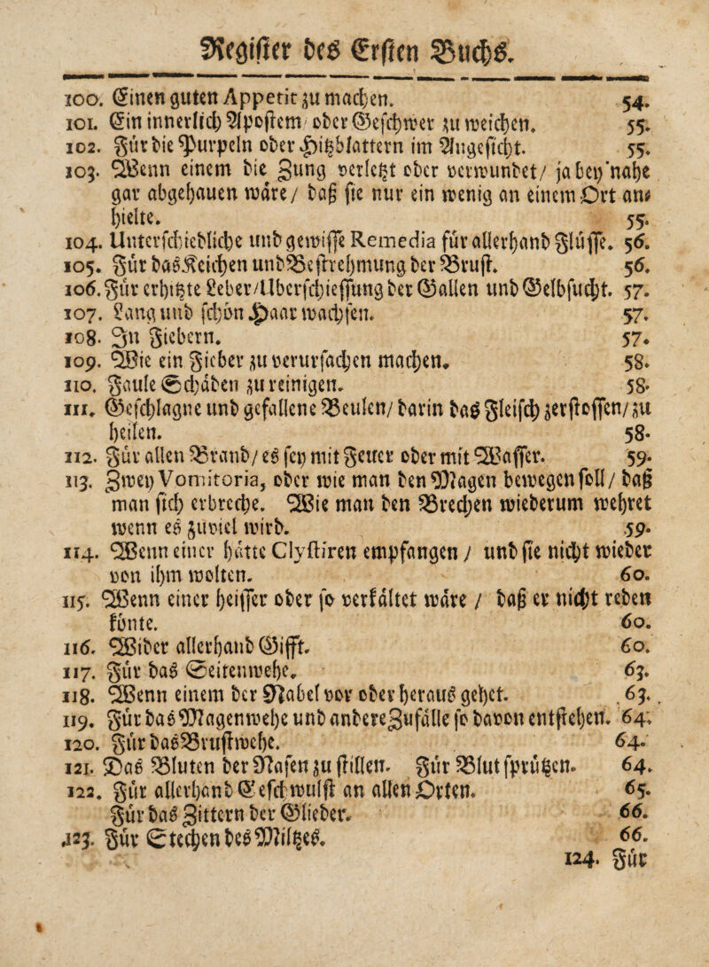 Stiller ì>eg €rf?en 35ttc$& 100. Sitten guten Appetit tu machen. 54. 10L Sin innerlich ^pojiem/ßbcr©efchwer tu weichen. 55. 102. gutMe^urpeln obev|)i|bIöttetn im 5lngeftd)t. 55. 103. 26enn einem fcie gung nerichi ßber »crmunbet/ ja bei;'nahe gar abgef;auen mare/ baf; fte nur ein wenig an einem Ort an# hielte. 55. 104. Uutcrfcfcieblicbe unbgeroiffe Remedia fürallerhanb^lüfie. 56. 105. Sueba6Äeichenunb^efhehmungber33rufh 56, ioö.SürerhtßteM'er/Uberfchiejfung ber ©allen unb@elbfud;t. 57. 107. Saug imb fehün^aar machten. 57. io8- 3« Siebern. 57. 109. QBie ein Sieber ju nerurfachen machen. 58. no. §aule@d)äben tu reinigen. 58- in. ©efd)lagne unb gefallene beulen/ barin bag Sleifcb tu heilen. 58- 112. Sòr ollen SBranb./ eg fei) mit Setter ober mit Halfer. 59. 113. gwep Vomitoria, ober wie man ben Klagen bewegen foli / ba§ man fiel; erbreche. SSie man ben 33red;en wieberum mehret menn eg Slittici wirb. , .59. 114. QBeun einer hätte Clyftiren empfangen / unb fte nicht wieber non ihm weiten. 60. 11 f. SSBenn einer heiffei ober fo »erfältet wäre / b«fj er nicht rebett fónte. 60. 116. SSiber allerhanb ©ifft. 60. 117. gür baé ©eitenwehe. ’ 63. 118. ^Benn einem ber 9Ra6ef nov ober herauf gehet. , 63. 119. gür baè Wagenmepe unb anberegufdlie |ß baton entftel;en. 64; 120. Stir baéSSvufìmehe. 64. i2t. 53aé bluten ber SRafen ju füllen- S«t SMu.t [prüfen. 64. 122. Stir allerhanb Sefcf muffì an allen Orten. ■ 65- Sur baé gittern ber ©lieber. *>& 423. Suv ©techen beéWtIf$e& 124* Sue