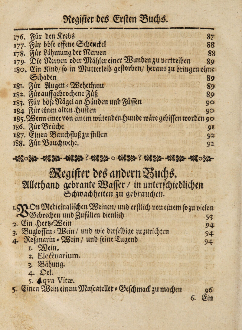 filler €r(lm 35ucf)& 176. gut ben 5?rebé 87 177. gut bbfe offene ©d)e*cfel 88 178. gut Sdbntung bet Herren 88 179. SDte Sperren ober Mablet einet <2ßuttbenprettteiben 89 180. Sin 5?inb/fo in Mutterleib geworben/ bevauéju bringen ebne @cbaben 89 181. §ür Stugen * 3Bebetbum 89 182. prauffgebrocbeneSug t 89 18?. Süt bbfVSßagei an .fjanben unb Suffen 90 i84 Sór einen alten ^uften 90 i85.SSSenn einer non einem mutenben|)unbe mare gebijfen merben 90 186. SùrSSrùcbe ■ 91 187. ©inen S5aud)fJugju(lillen 92 188. Sur SSauebmebe. 92 •*fgo§<§*> «gf ff*- -«SSfr ? 4K8fr o -flKIfr ?■*§SI&- -ttSSH- *«So|u- egijter fctó «itìntn Ì5uc[)§. 9(ßer&an& granfe SBaffer/ in unterfd)ieMid)cii @$u>a4$fitcn 5« gebrmtcbm. i.Oj^ön Mebidnalifcben ^Beinen/ unb etfiltcf) »on einem fop rieten rO©ebreeben unb gufdBen bienlieb 93 2. Sin |>eri^(2Beitt 3. SBugtoffèn#SSBeitt/ unb mie berfelbige ju Juristen 4. 9bogmarin * Sßein / unb feine Eugeni) 1. QBein, _ ; 2. Eleéhiarium. 3. SSdbung. 4. Del. 5. 4qva Vita?. 5. Sinen SSein einem Mufcatelletr * ©efe&macf §u macfjen $6 6. Sin 9? 94 94 94