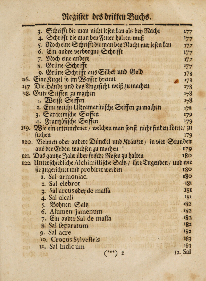 SKesifttt: fceé Griffen 2$ucfc$. 3. ©d;ti jft èie man nicfjt lefen fan alé bei) £Rac^t 177 4. ©cbrijft bie man betreuet galten mu§ 177 5. SHod) eine ©ebrifftbie man bet)fHac^tnutlefm fan ,177 6. Sin anbre »erbergne ©grifft 177 7. STtocb eine anbete 17/ 8. ©rime ©cbrijft 177 9. ©tune ©cbrijft aué ©itbet unb ©olb i78 «6. Sine Äuget fo im <2Bajfer brennt # 178 117 S)ie ^>dnbe unb baé 5lnge(tcbt »neijj ju machen 178 »8. ©ute ©eijfen ju machen 178 1. SBeijfe ©eijfen «78 2. ©inemeid)eUttramarinifcbe©eiffen jumacben 17s 3. ©aracenifcbe ©eijfen 179 4. 5ran<?5ftfcbe ©eijfen ■ 179 119. SBie ein ertrunkenen / welchen man jbnjl nicht ftnben fonte/ su juchen 179 120. lohnen ober anbereSüncf et unb trauter/ in»iet©tunben aué bet @rben maebfen su machen 5 179 121. 2)aé gan^e Saht übet ftifebe ?Kofen 5« batten 180 jte jugetiebtet unb probiret werben 180 1. Sai armoniac. 180 2. Sai elebrot ■ i8t 3. Sai arcus ober de malia igi 4. Sai alcali J8« 5. lohnen ©al§ 182 6. Alumen jamenum >82 7. (Sin anbetSal de malia >82 8. Sai feparatum >82 9. Sai acre >82 10. Crocus Sylveftris >83 ii, Sai Indie um >83 (***) 2